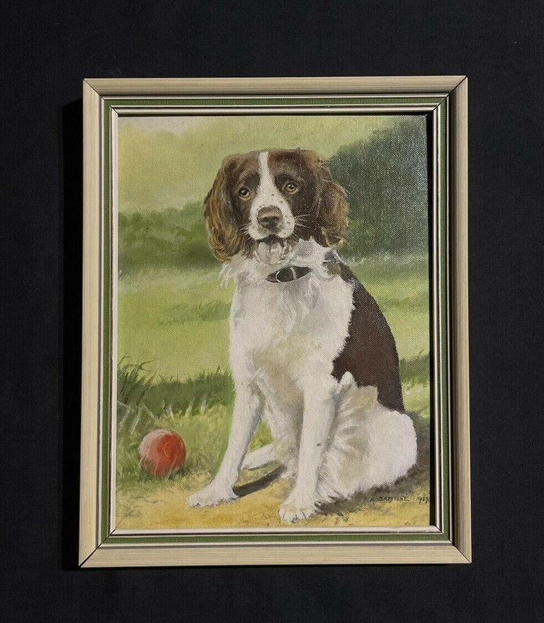 English Dog Oil Painting - Portrait of a Spaniel Dog near ball in a landscape - Brown Landscape Painting by E. R. Batstone