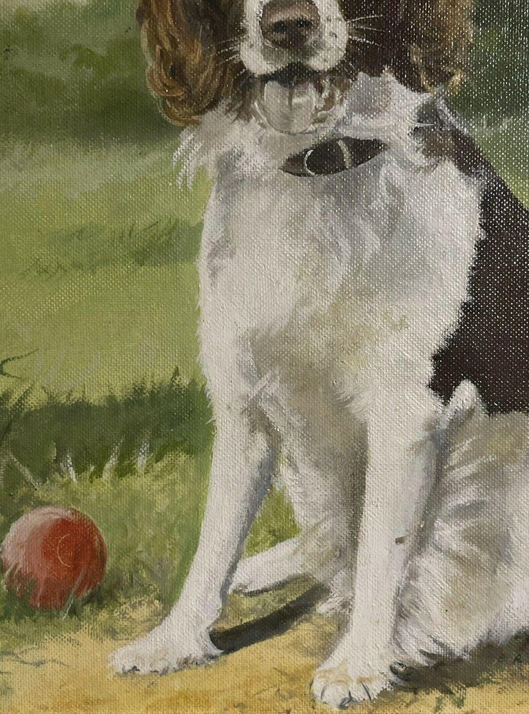 Artist/ School: E. R. Batstone, signed and dated 1987

Title: Portrait of 'Kipper', a spaniel dog next to his ball in a garden/ landscape setting. 

Medium: signed oil painting on board, framed and inscribed verso.

framed:   14 x 11 inches
canvas: 