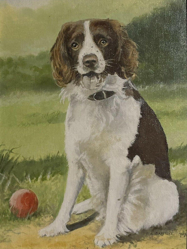 English Dog Oil Painting - Portrait of a Spaniel Dog near ball in a landscape For Sale 1
