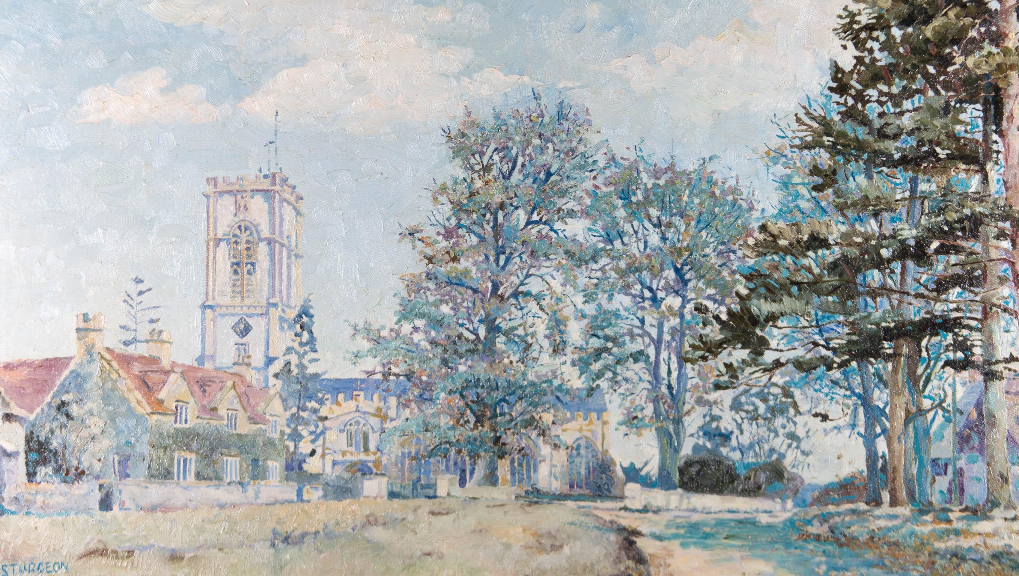 Cool blues and muted greens are accompanied by subdued terracottas to depict a village church in impressionistic pastel impastos. The artwork holds a happy, peaceful demeanor, and is signed in the bottom left-hand corner. On canvas on stretchers.
