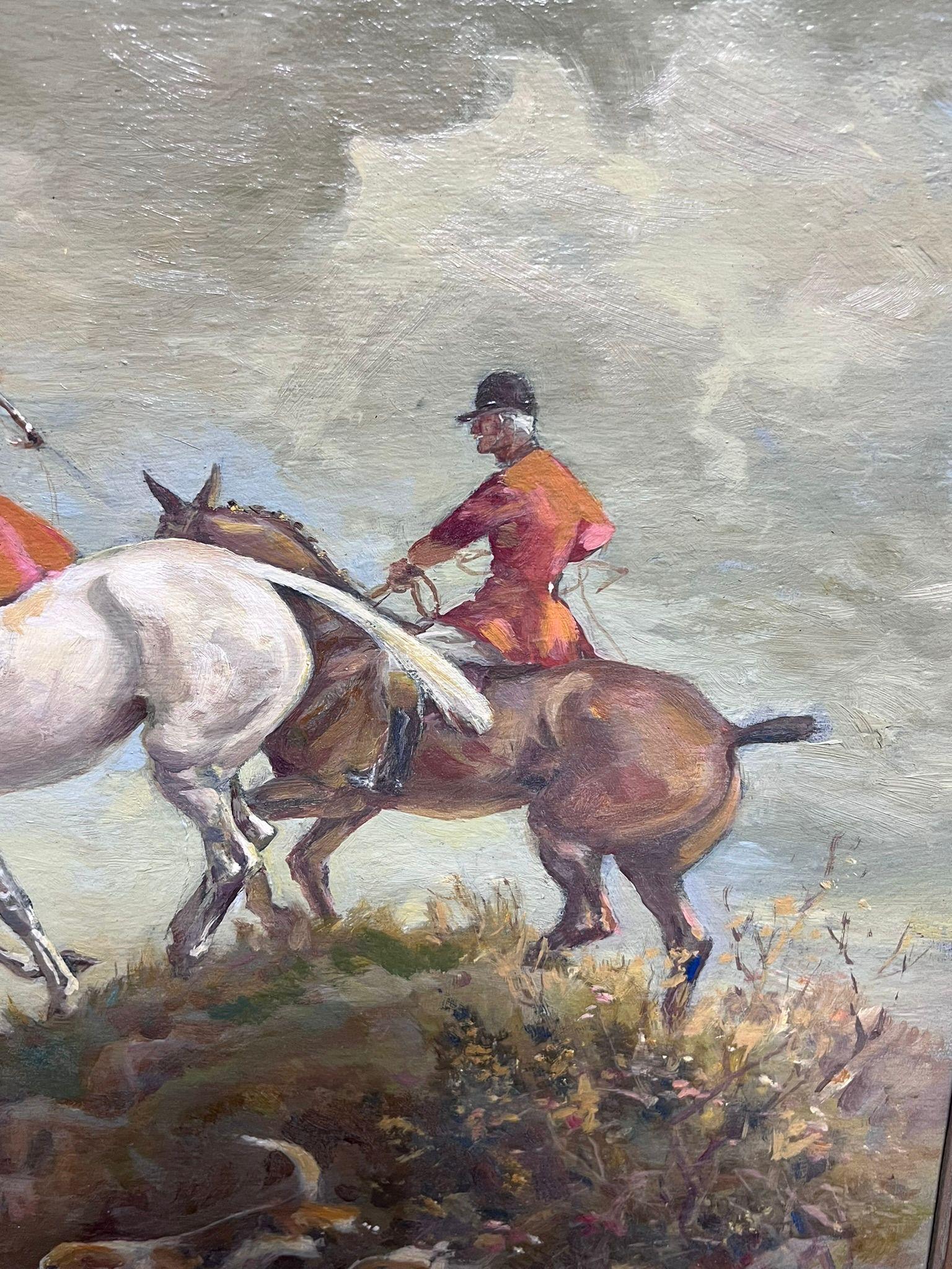 Peinture à l'huile d'art sportif britannique représentant des chevaux de chasse et des maisons détruisant un Brook 6