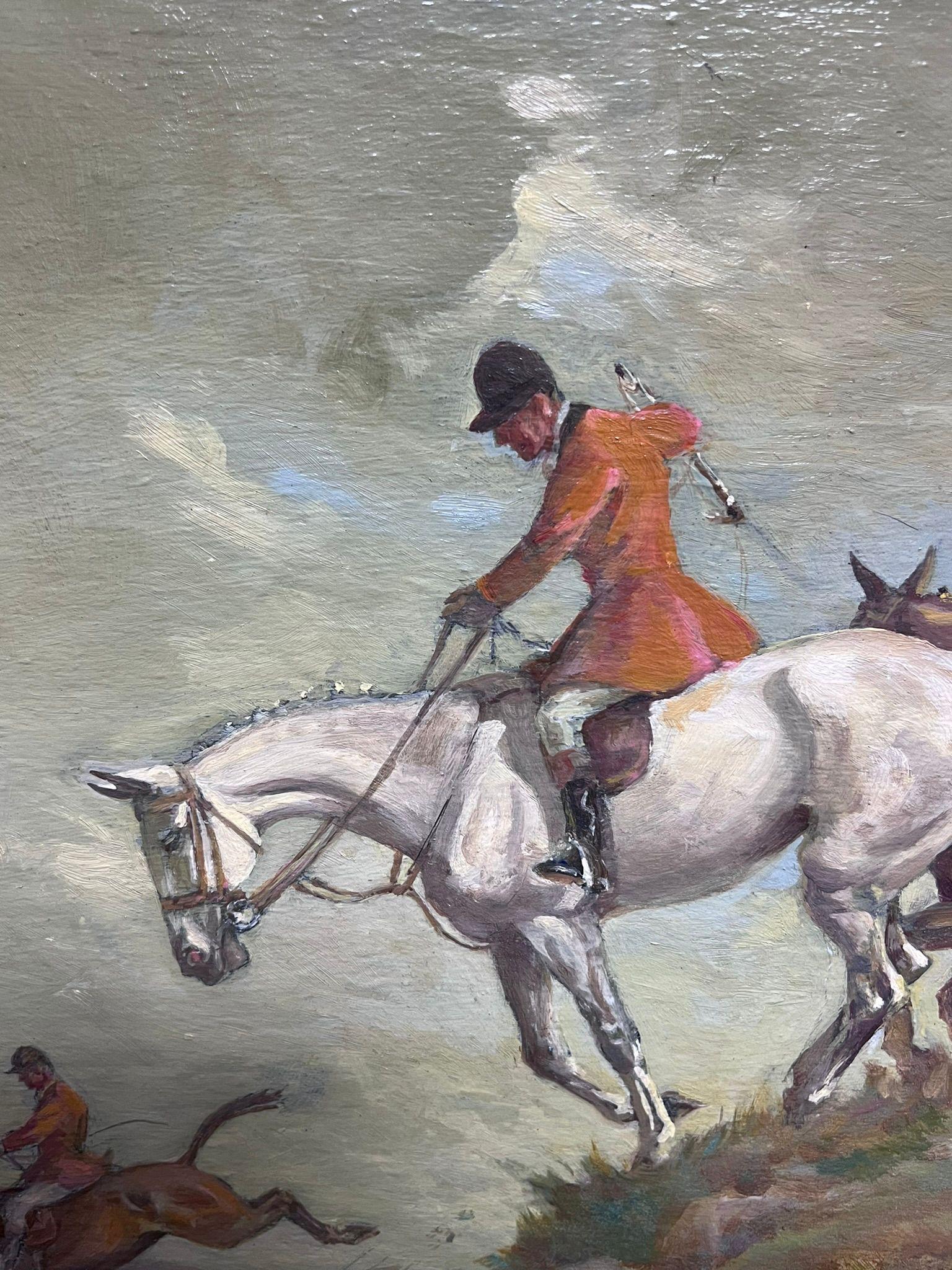 Peinture à l'huile d'art sportif britannique représentant des chevaux de chasse et des maisons détruisant un Brook 7