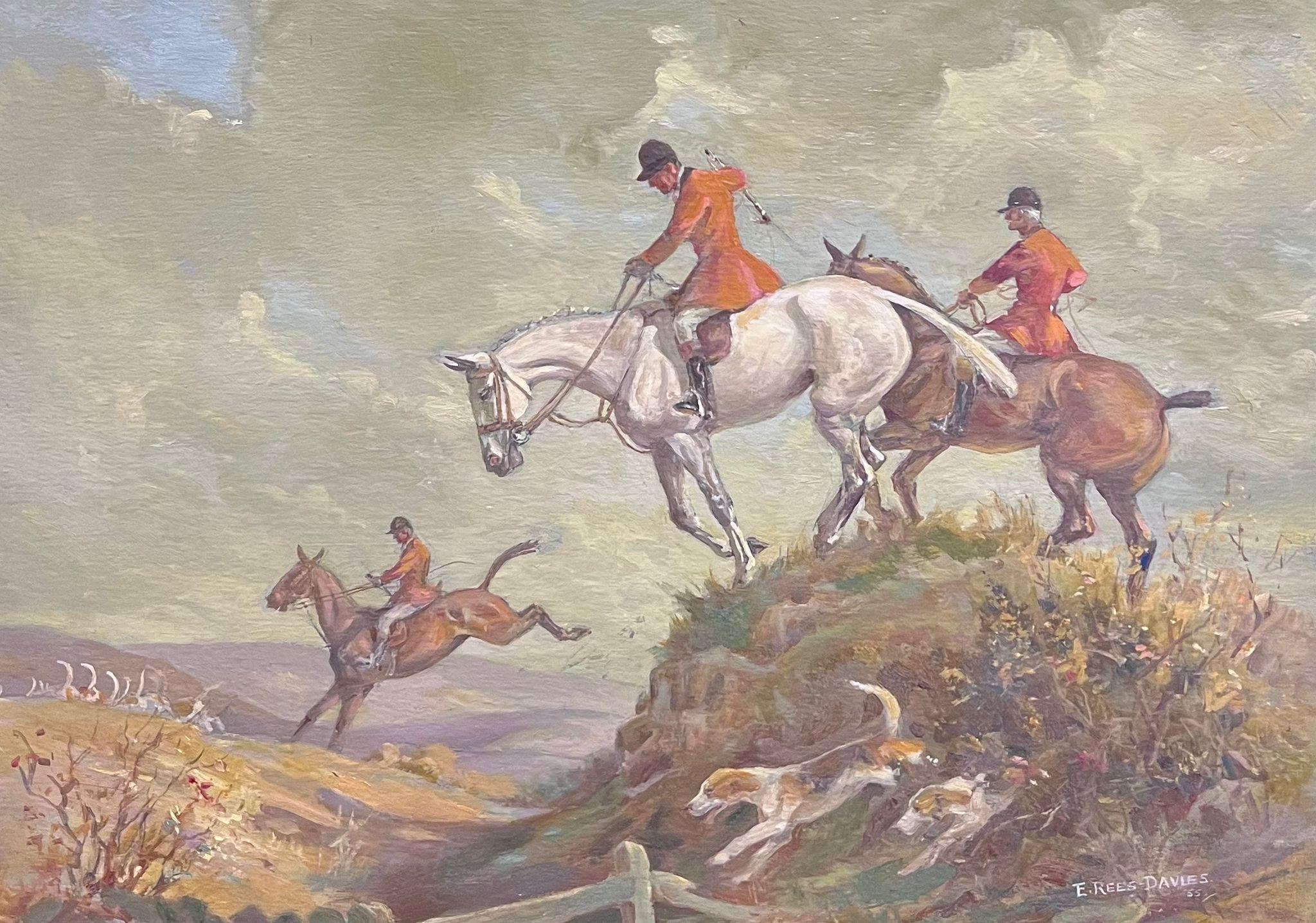 Peinture à l'huile d'art sportif britannique représentant des chevaux de chasse et des maisons détruisant un Brook - Painting de E. Rees- Davies