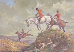 British Sporting Art Oil Painting Fox Hunting Horses & Houses Clearing a Brook