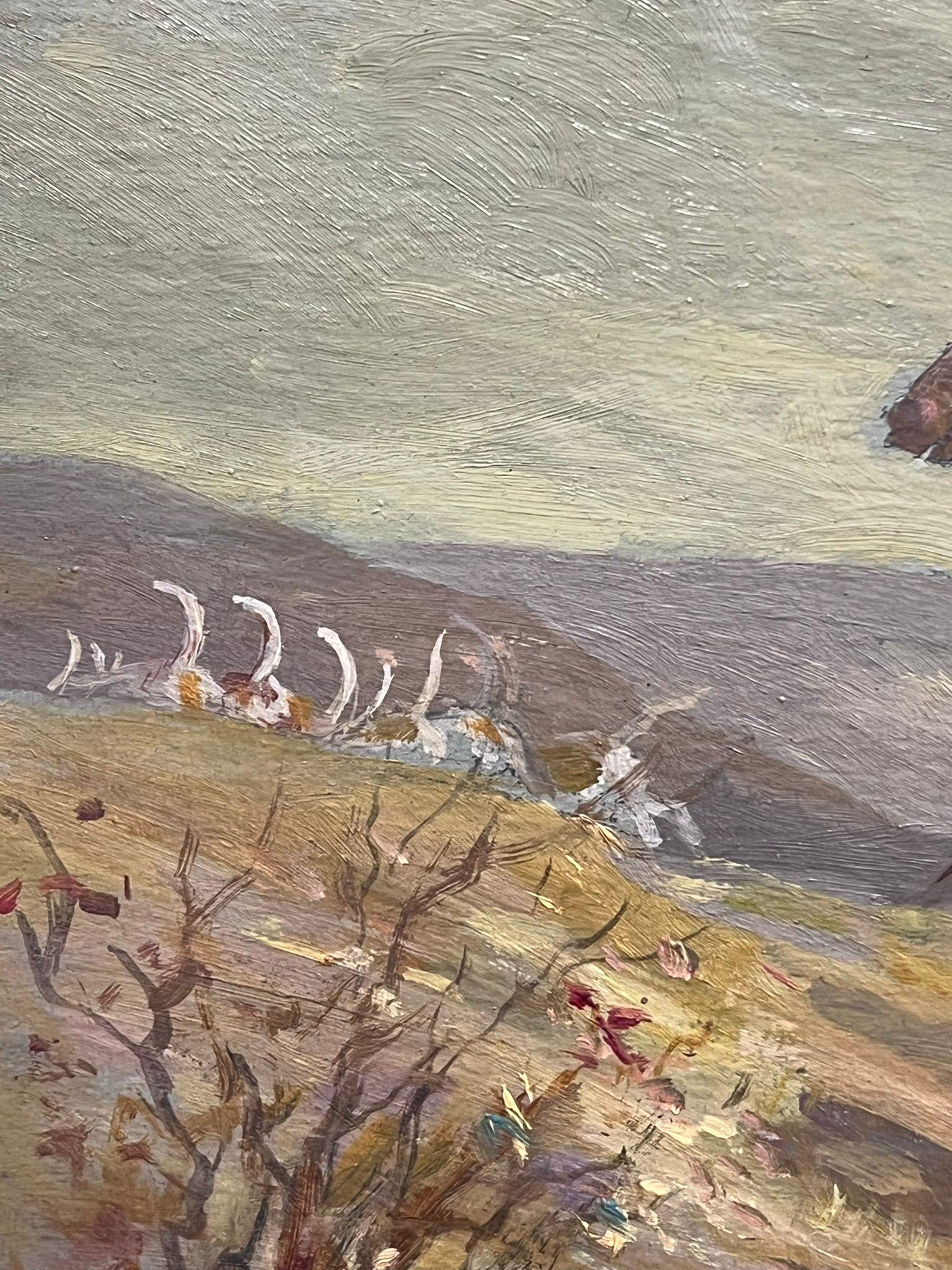 Peinture à l'huile d'art sportif britannique représentant des chevaux de chasse et des maisons détruisant un Brook 1