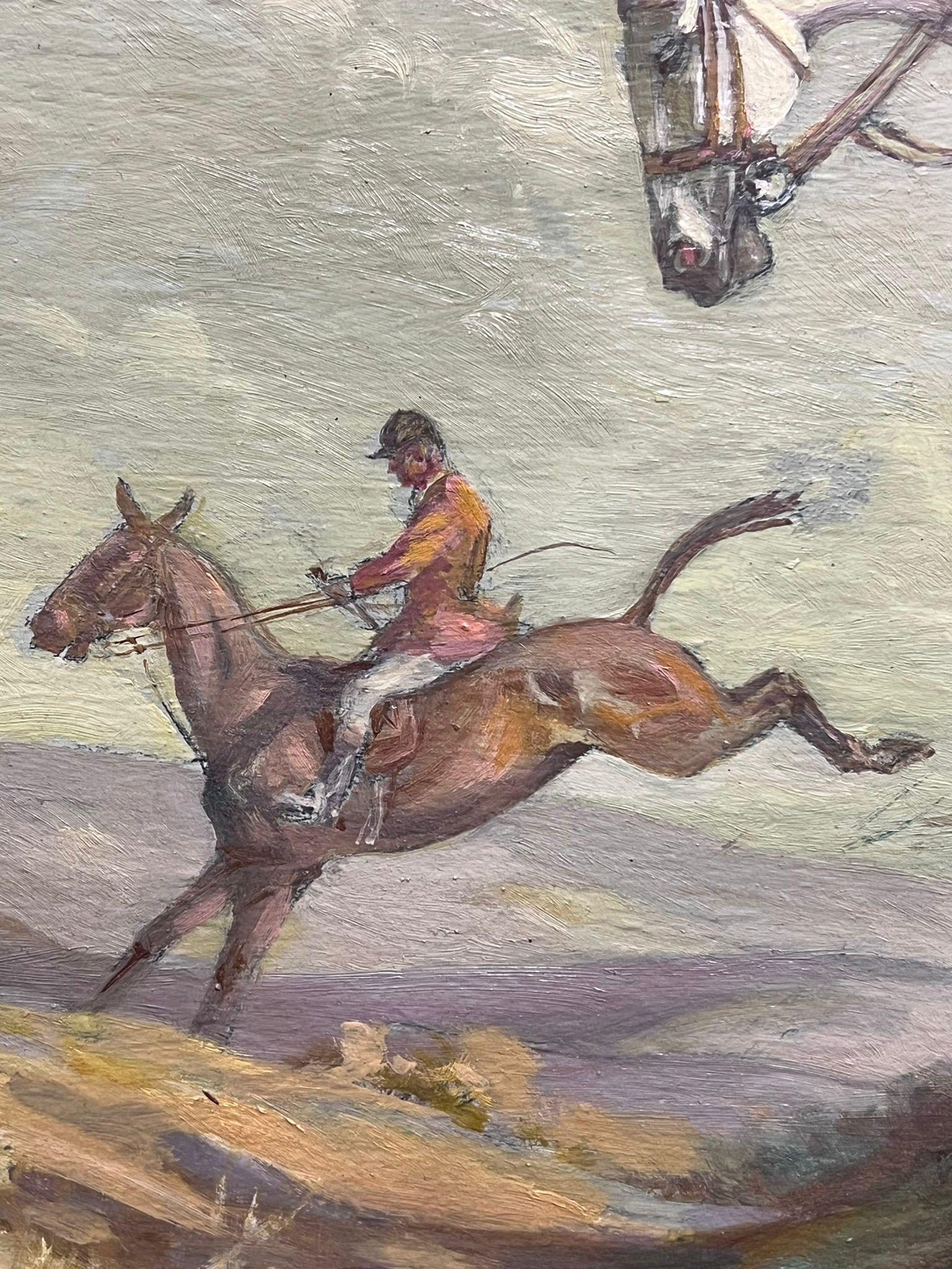 Peinture à l'huile d'art sportif britannique représentant des chevaux de chasse et des maisons détruisant un Brook 2
