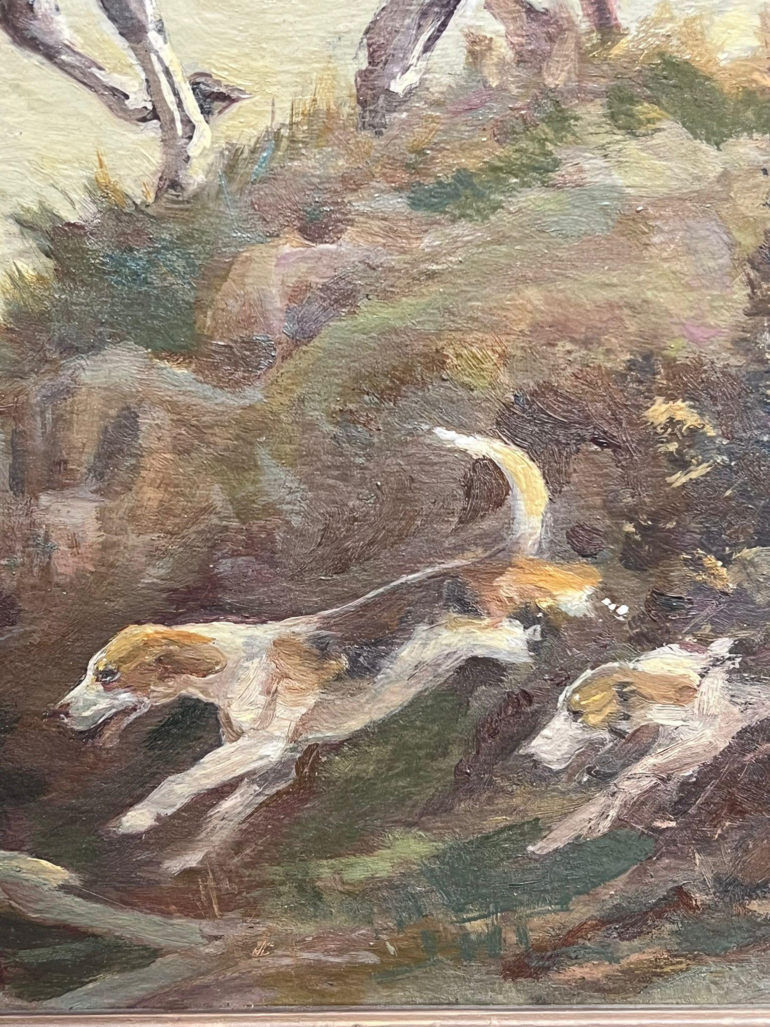 Peinture à l'huile d'art sportif britannique représentant des chevaux de chasse et des maisons détruisant un Brook 3