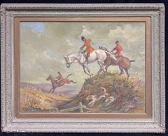 British Sporting Art Oil Painting Fox Hunting Horses & Houses Clearing a Brook