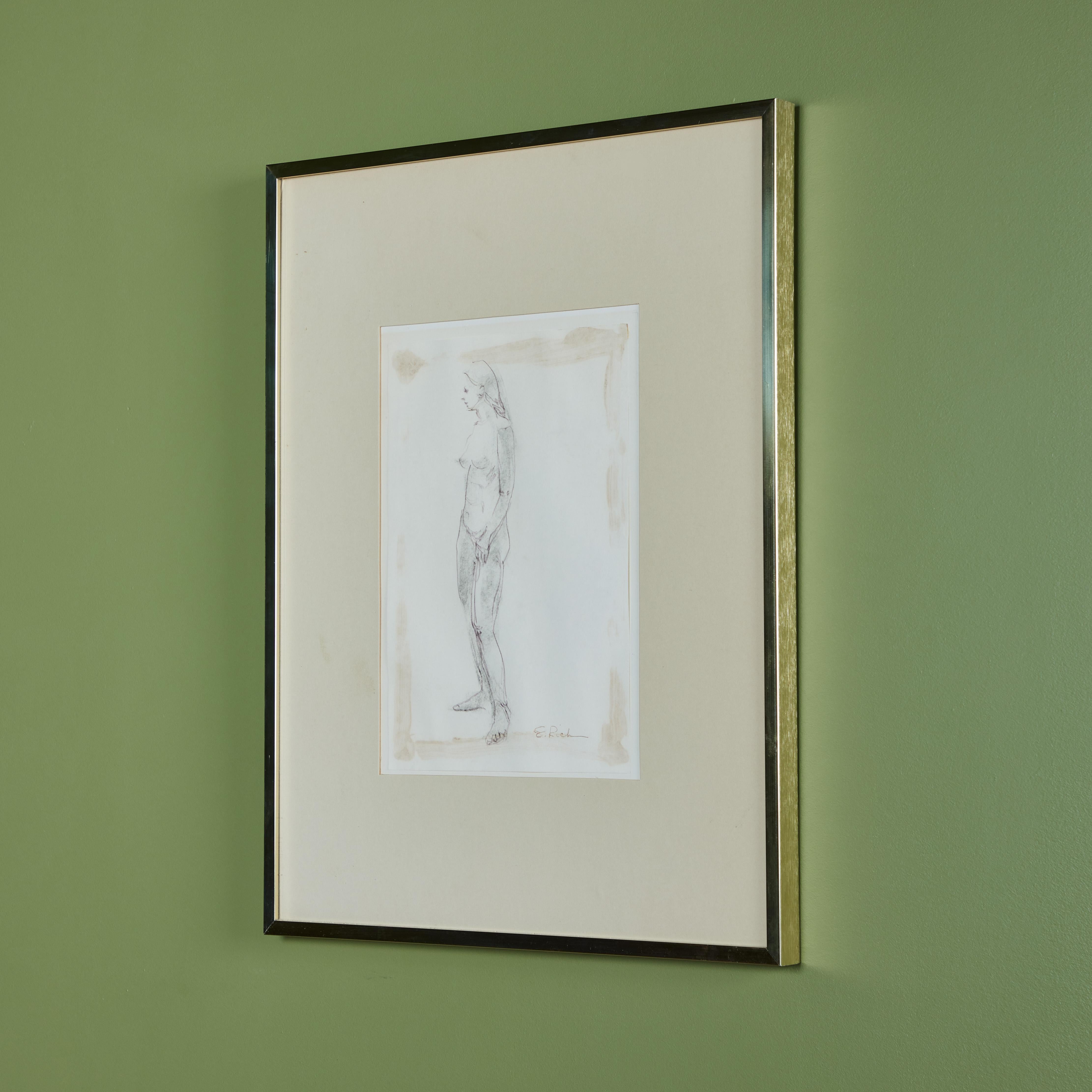 Mid-Century Modern E. Rich Nude Figure Pencil Sketch