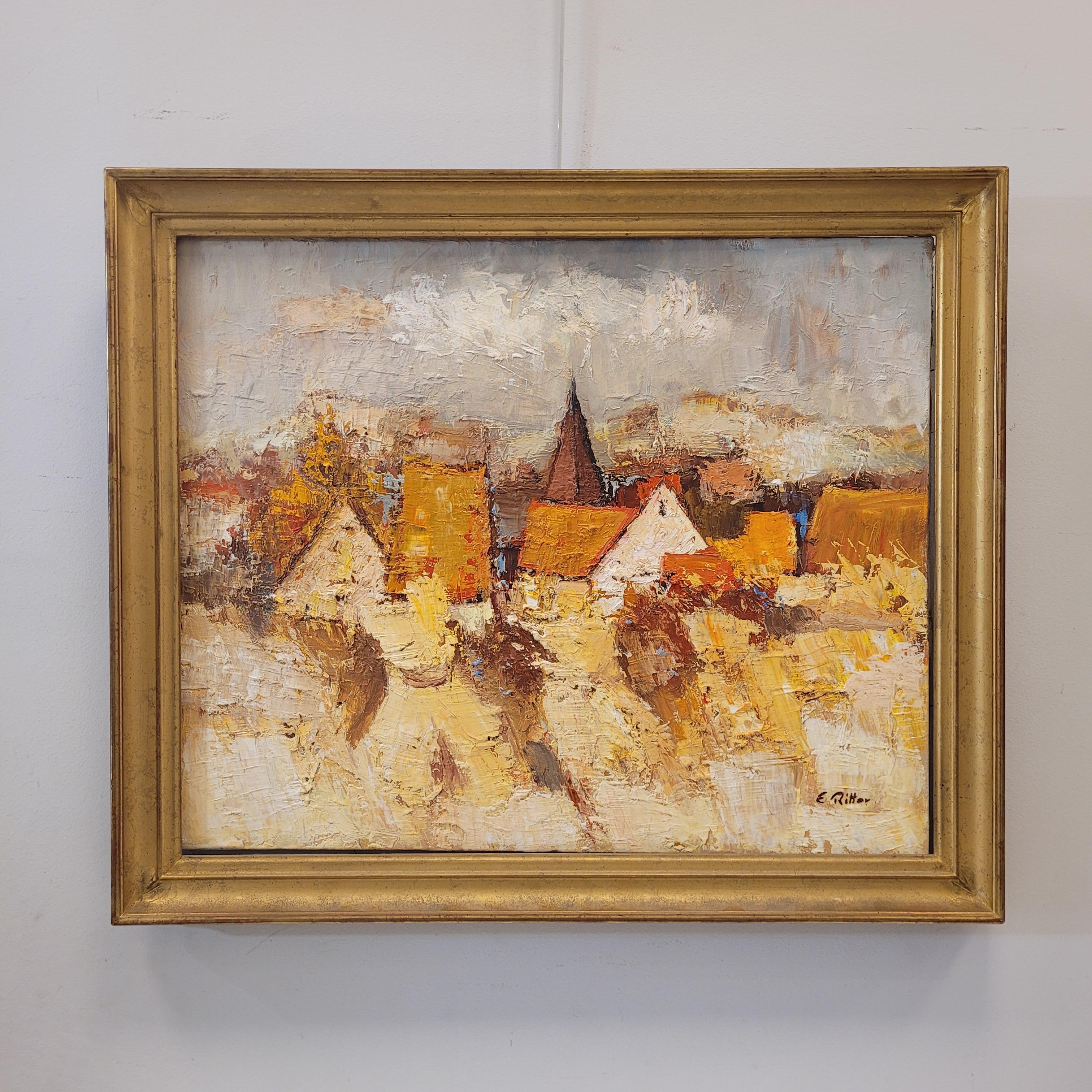 Öl auf Leinwand Französischer Expressionist Elsässisches Dorf von E. Ritter Frankreich im Angebot 2