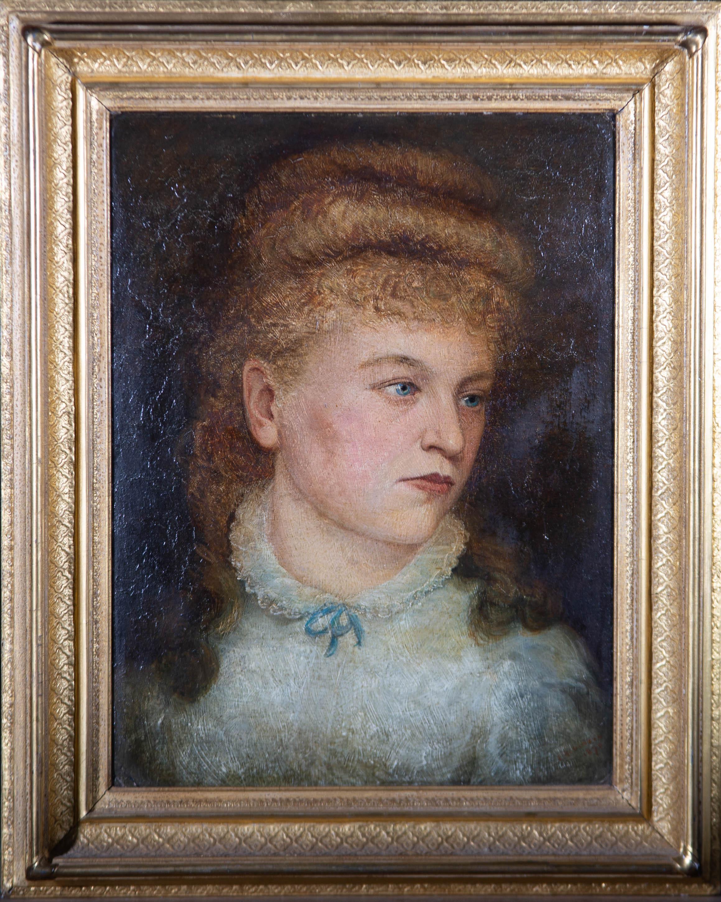 A fine oil portrait of a rosy cheeked, young Victorian woman wearing a white lace collared dress with a blue ribbon. The artist has signed and dated at the lower right corner. The painting has been presented in a beautiful Victorian cassetta style