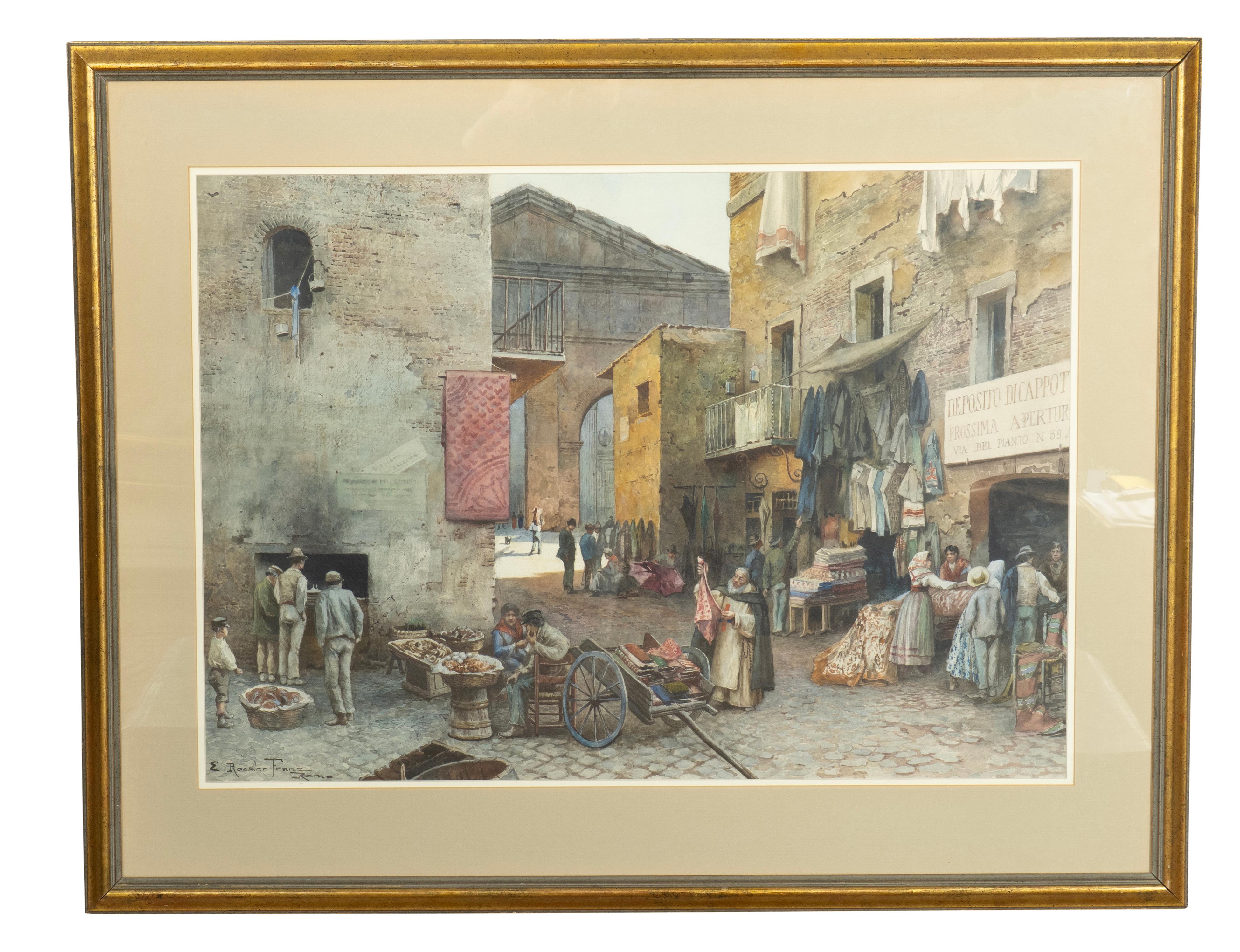 Acuarela enmarcada firmada abajo a la izquierda. Representa un mercado callejero romano en la Via Del Pianto. Con marco de madera dorada. El artista nació en 1845 y murió en 1907. Uno de los miembros fundadores de la Asociación de Acuarelistas.