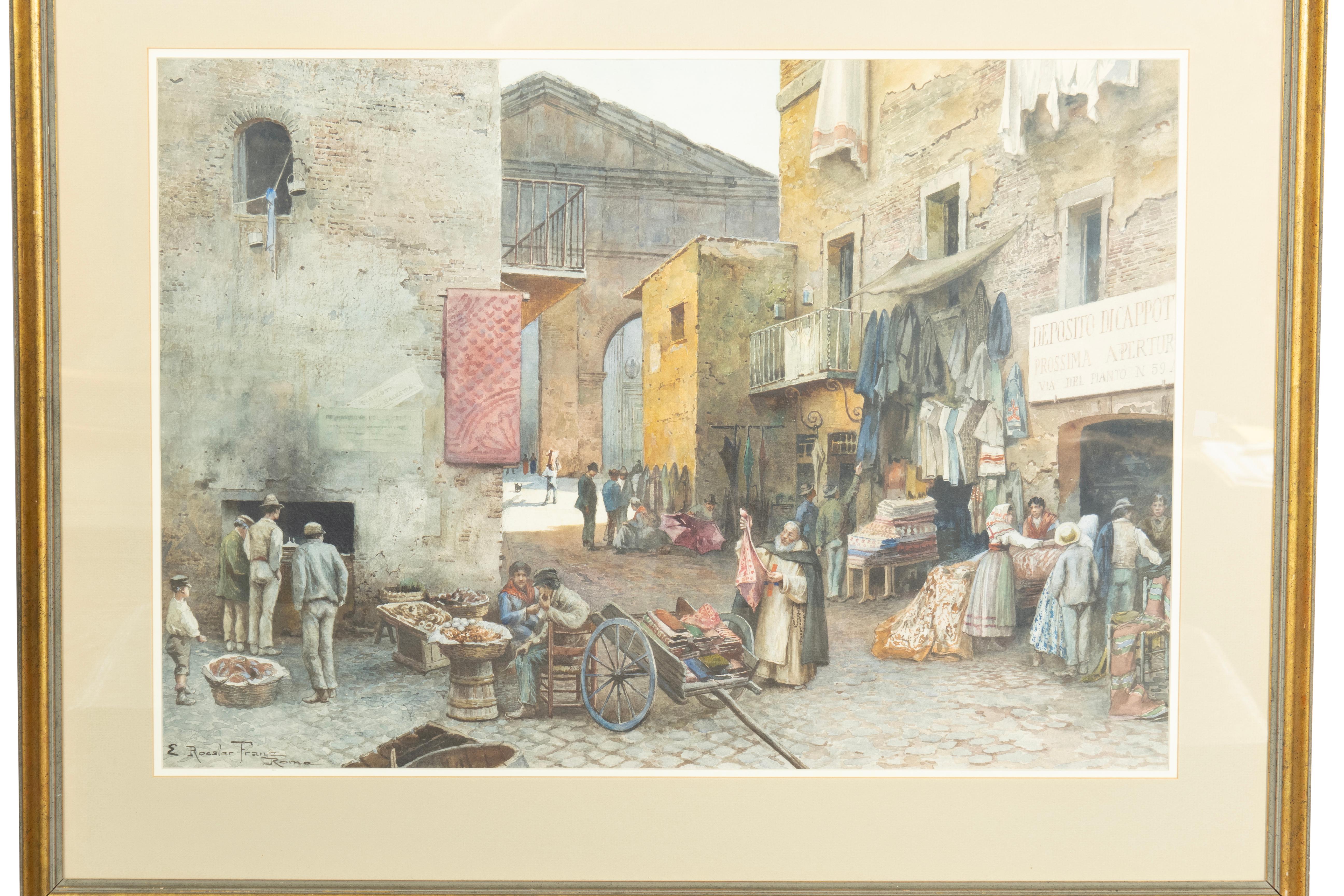 E. Roesler Franz Acuarela de una escena callejera romana Italiano en venta