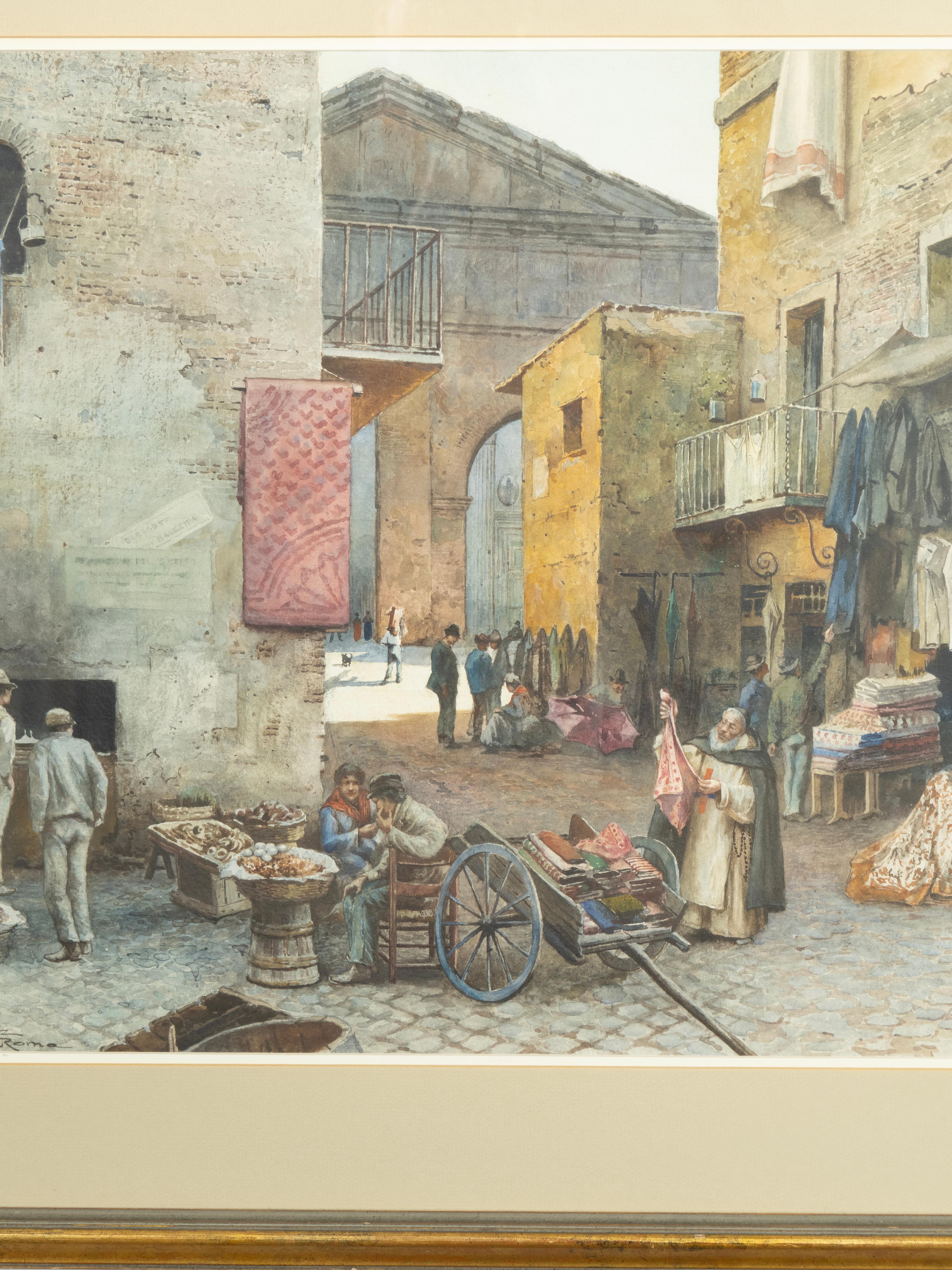 E. Roesler Franz Acuarela de una escena callejera romana Madera en venta