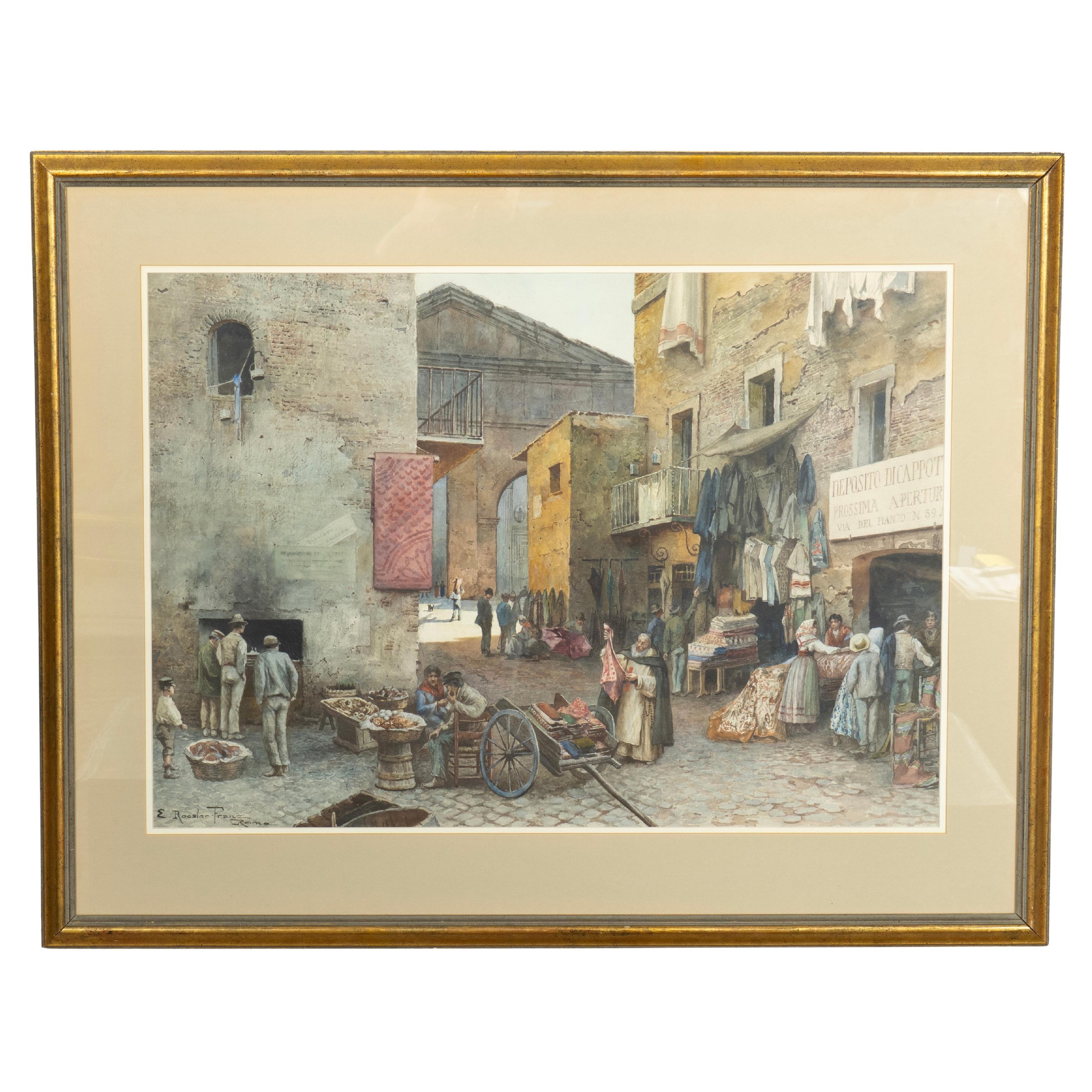E. Roesler Franz Acuarela de una escena callejera romana en venta