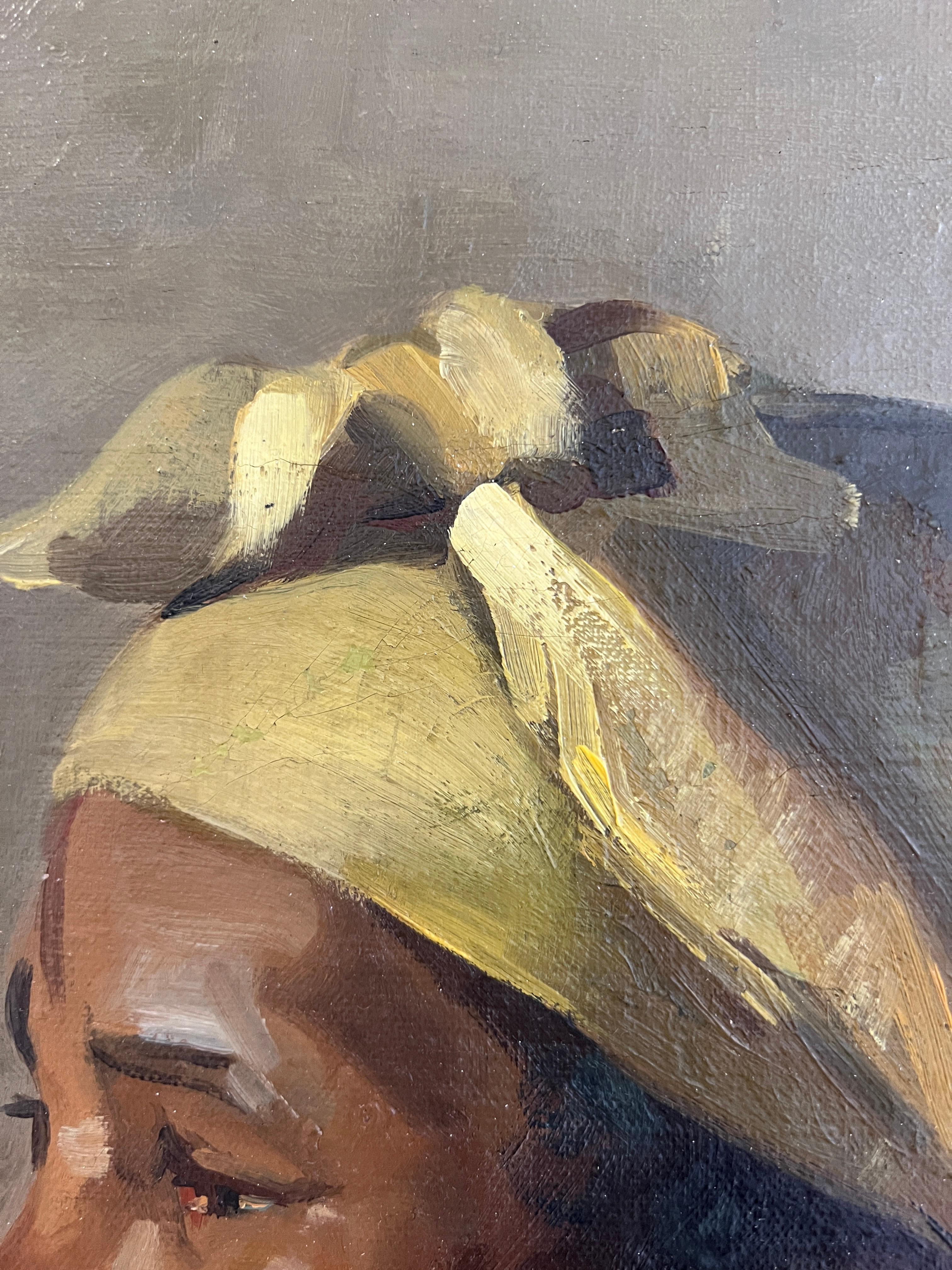 Lavori su tela
Questo accattivante ritratto raffigura una donna di profilo, vestita con tonalità pastello di blu, rosa e bianco. La luce soffusa accarezza il suo viso, rivelando un'espressione serena e introspettiva. L'artista utilizza pennellate