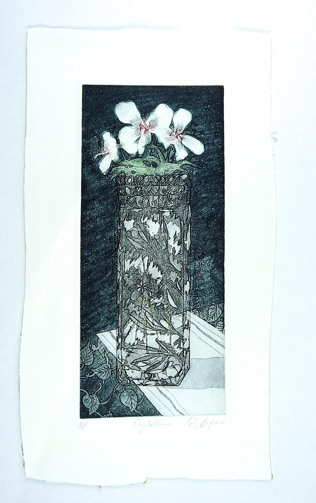 Etching on paper of a crystal vase by E. S. Bufano–artist proof. Signed and titled in pencil lower margin. Unframed, tape residue on verso, irregular cut edges, image size 7