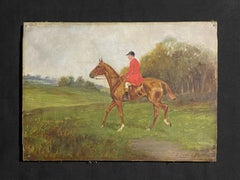 Antique British Hunting Scene Oil Painting - Huntsman on Horseback in Landscape