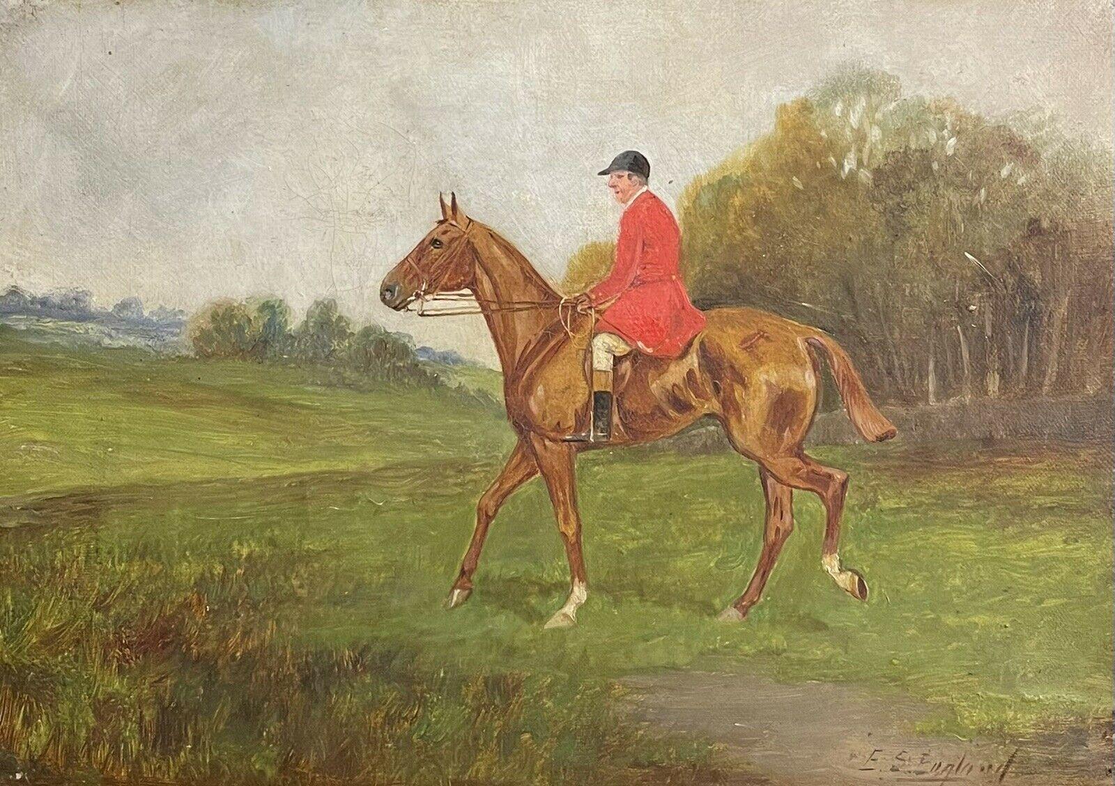 Peinture à l'huile britannique ancienne représentant une scène de chasse - chasseur à cheval au dos d'un paysage