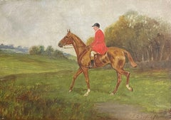 Antique British Hunting Scene Oil Painting - Huntsman on Horseback in Landscape
