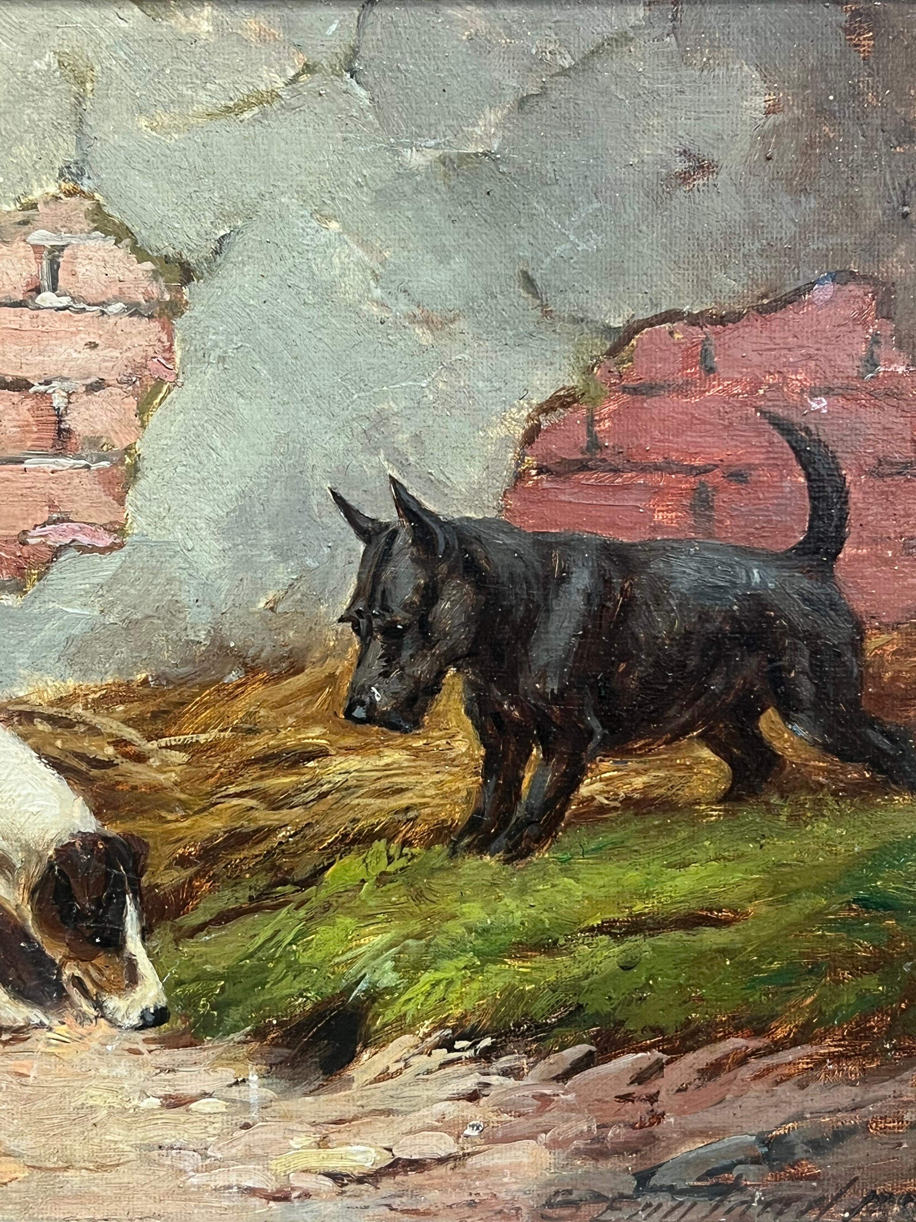 Fine peinture de chien britannique des années 1890, Terrier de renard et Terrier écossais dénichant à la ferme en vente 6