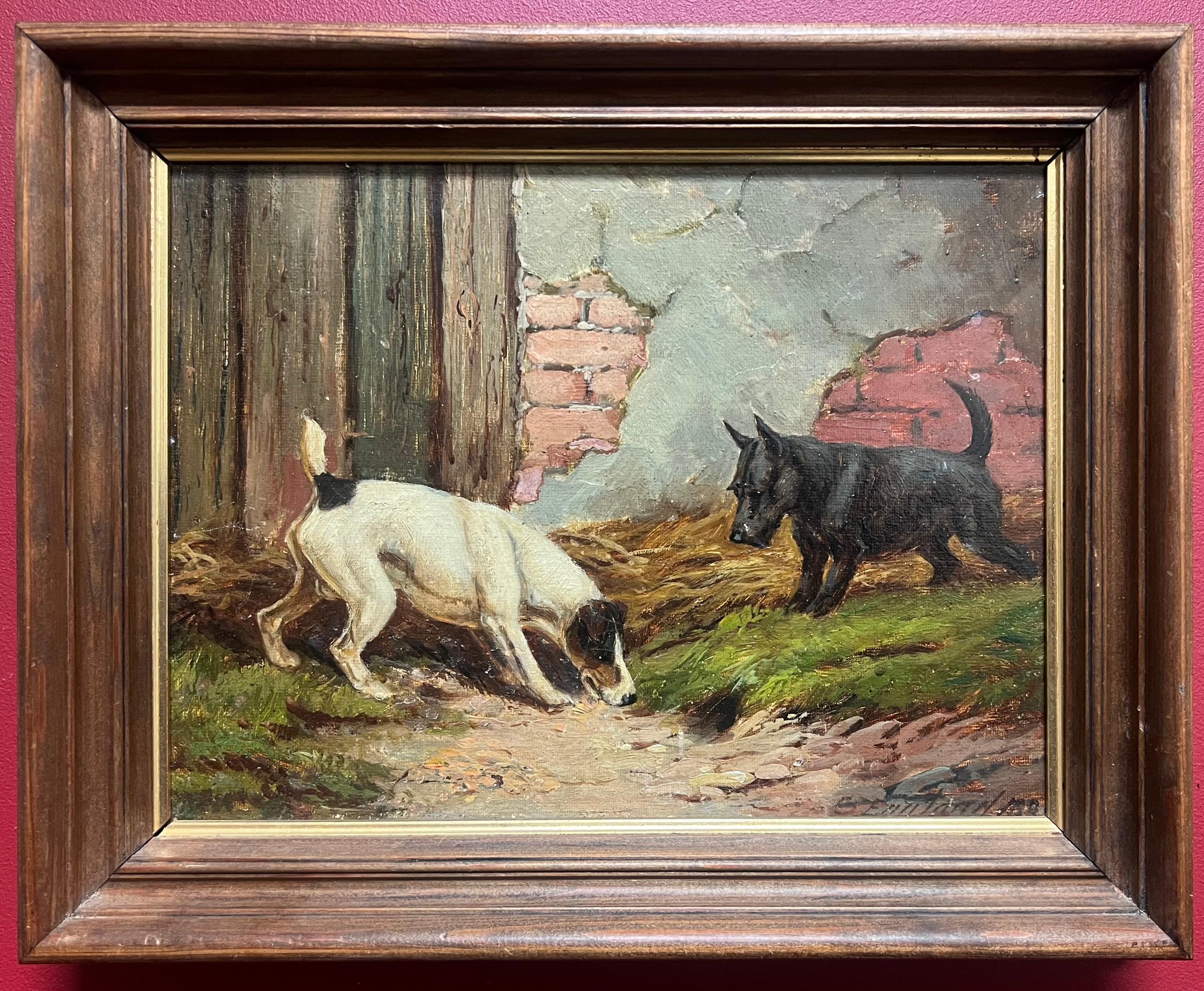 Fine peinture de chien britannique des années 1890, Terrier de renard et Terrier écossais dénichant à la ferme - Painting de E. S. England
