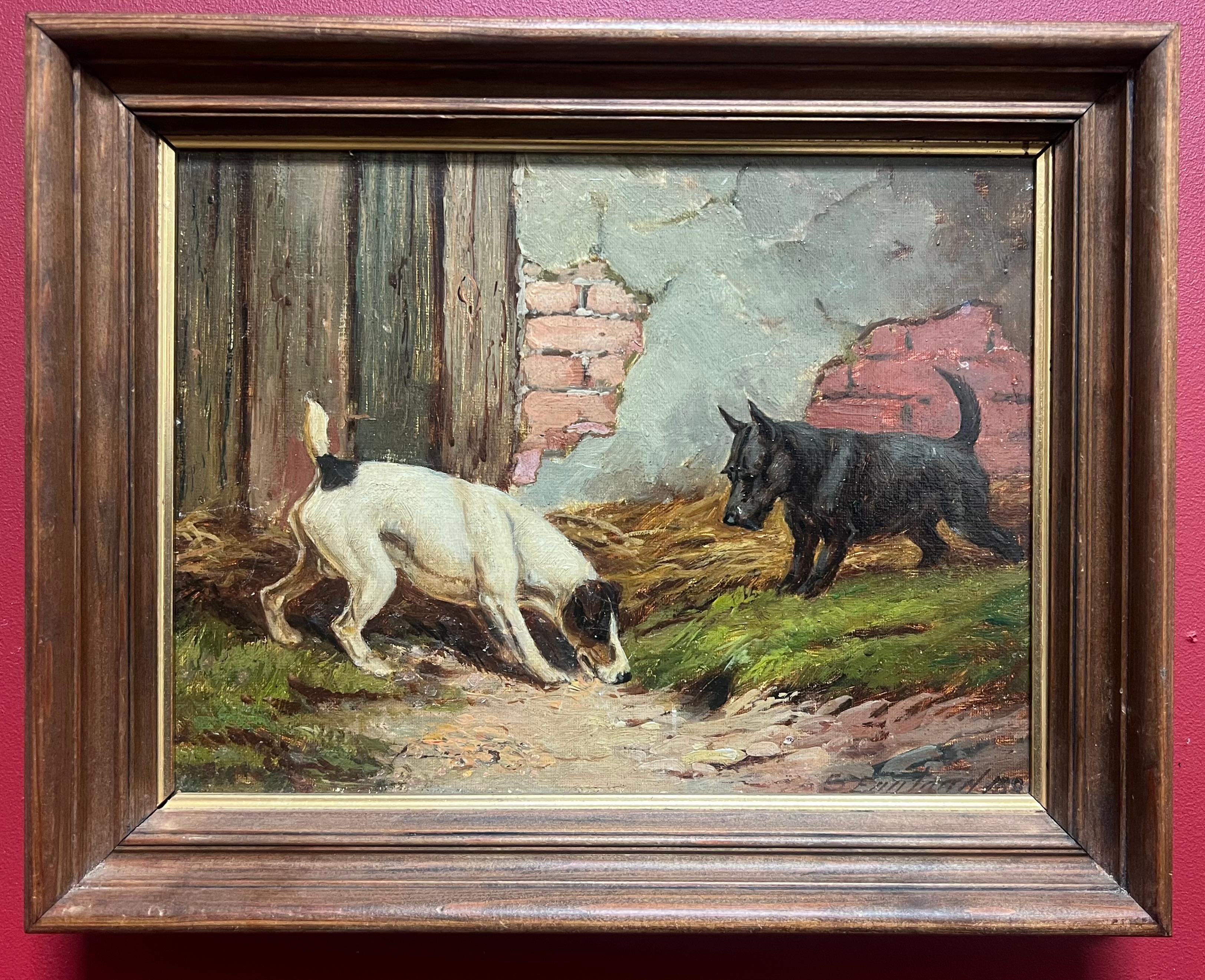 Fine peinture de chien britannique des années 1890, Terrier de renard et Terrier écossais dénichant à la ferme - Marron Landscape Painting par E. S. England