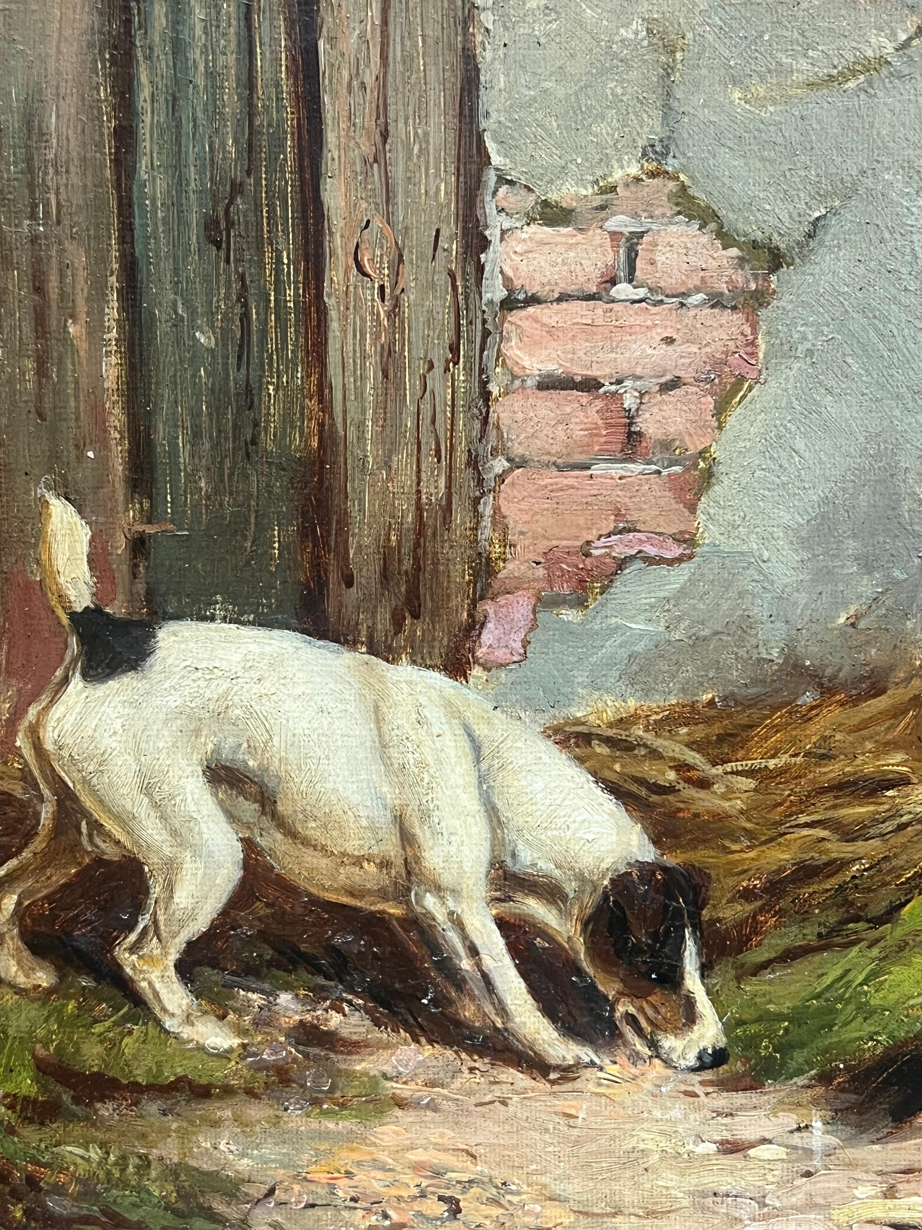 Fine peinture de chien britannique des années 1890, Terrier de renard et Terrier écossais dénichant à la ferme en vente 1