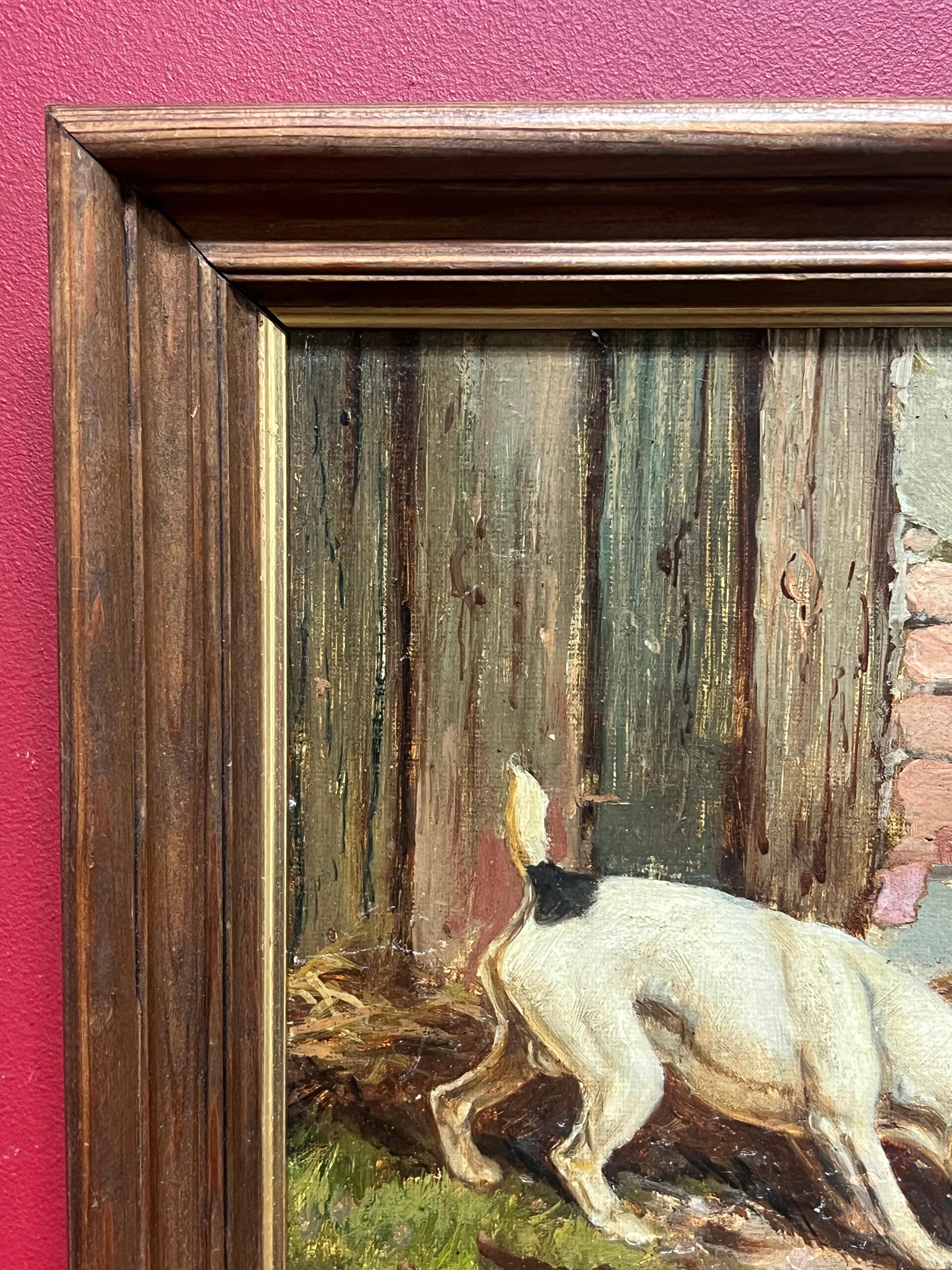 Fine peinture de chien britannique des années 1890, Terrier de renard et Terrier écossais dénichant à la ferme en vente 2