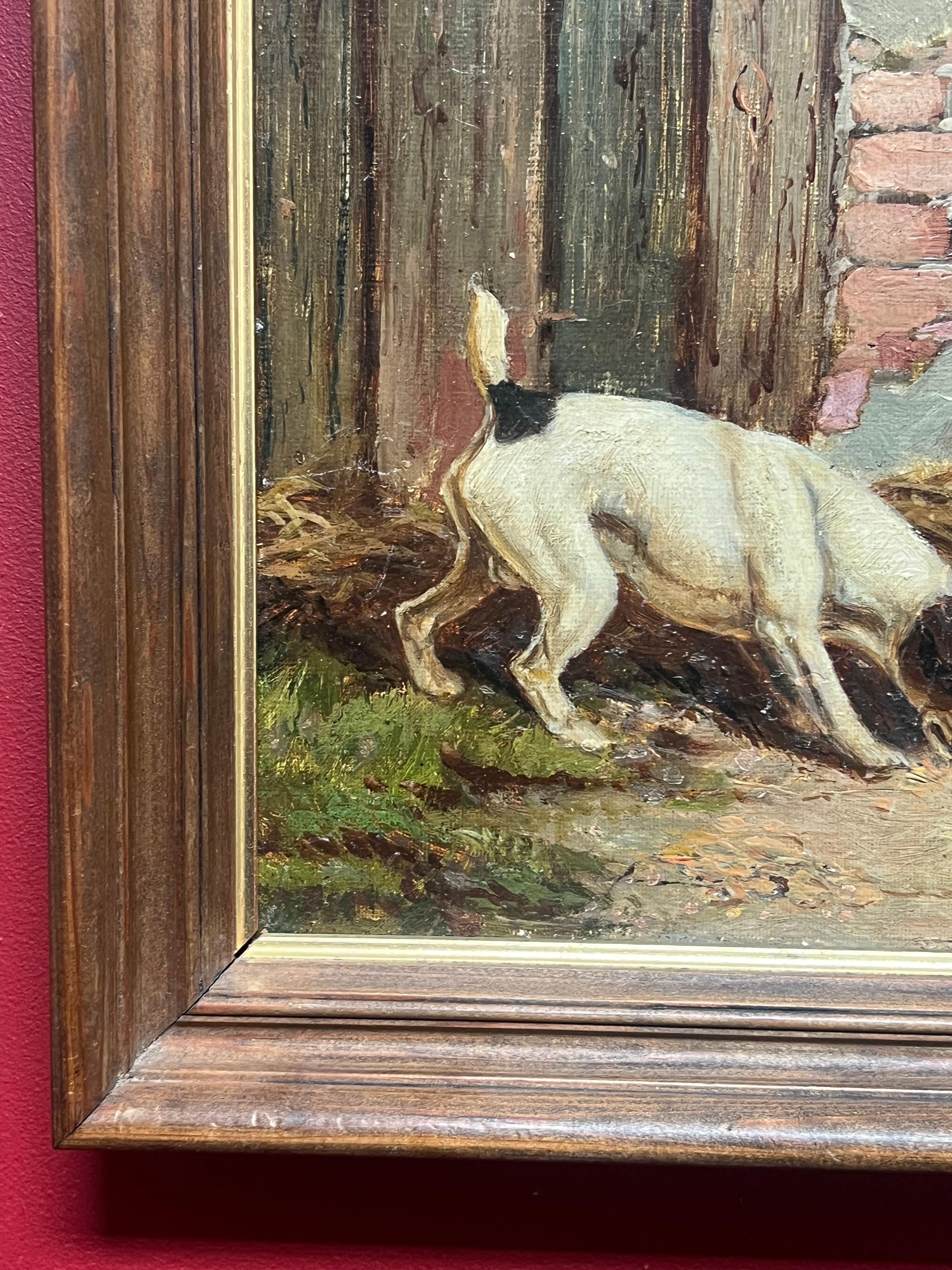 Fine peinture de chien britannique des années 1890, Terrier de renard et Terrier écossais dénichant à la ferme en vente 3