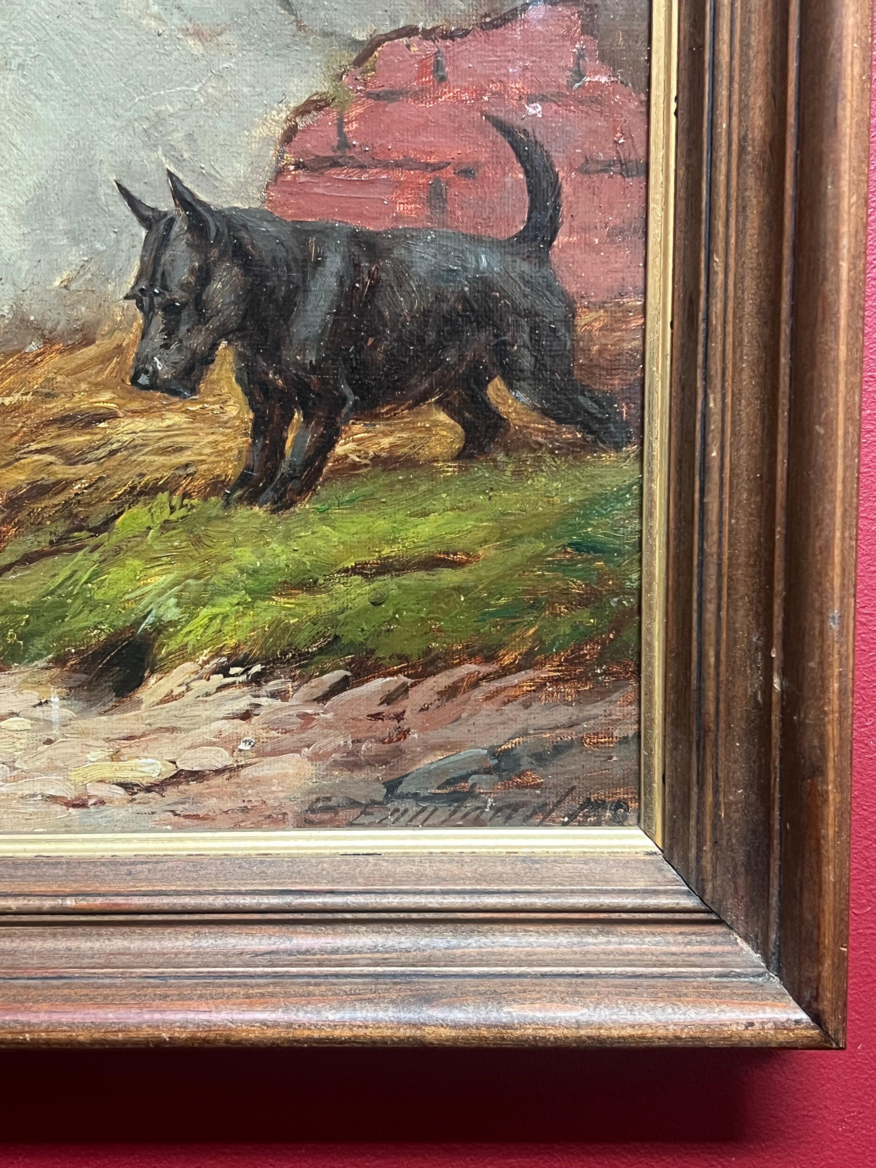 Fine peinture de chien britannique des années 1890, Terrier de renard et Terrier écossais dénichant à la ferme en vente 4