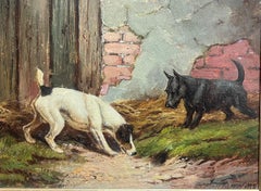 Fine peinture de chien britannique des années 1890, Terrier de renard et Terrier écossais dénichant à la ferme