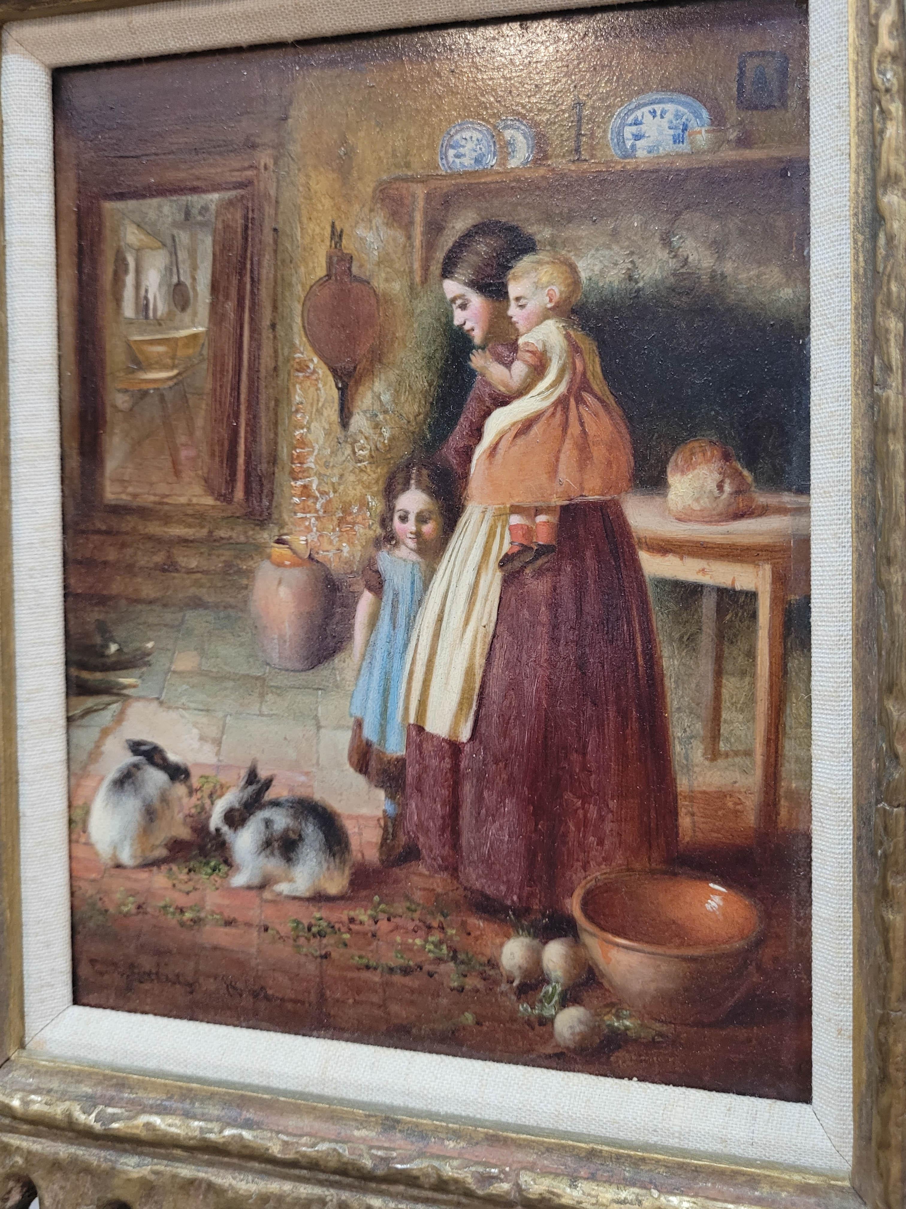 E. S. Greig de Bristol Pintura al óleo - Alimentando a los conejos, 1868 Pintado a mano en venta