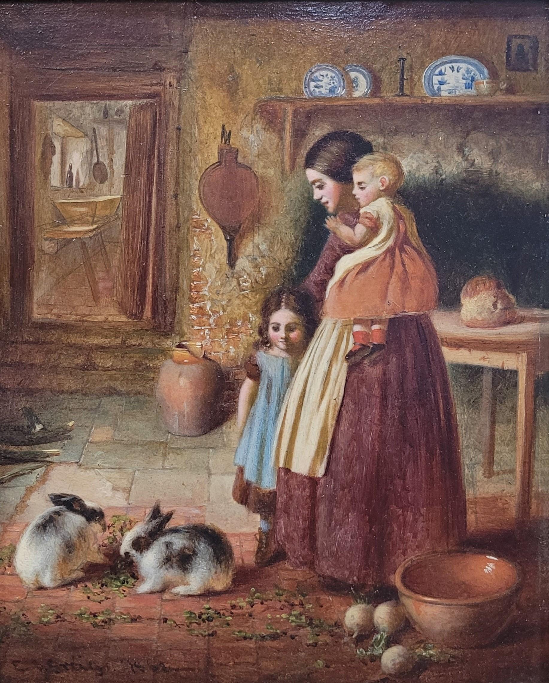 E. S. Greig de Bristol Pintura al óleo - Alimentando a los conejos, 1868 Inglés en venta