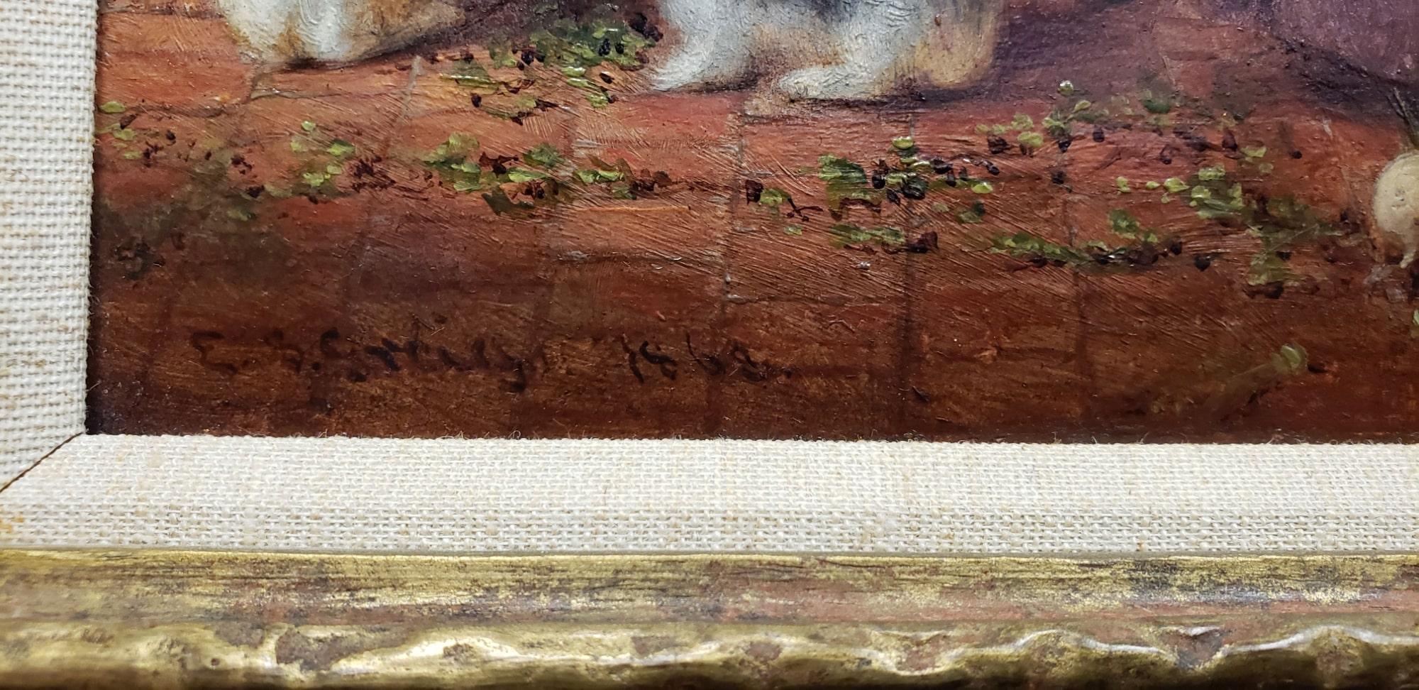 E. S. Greig de Bristol Pintura al óleo - Alimentando a los conejos, 1868 siglo XIX en venta