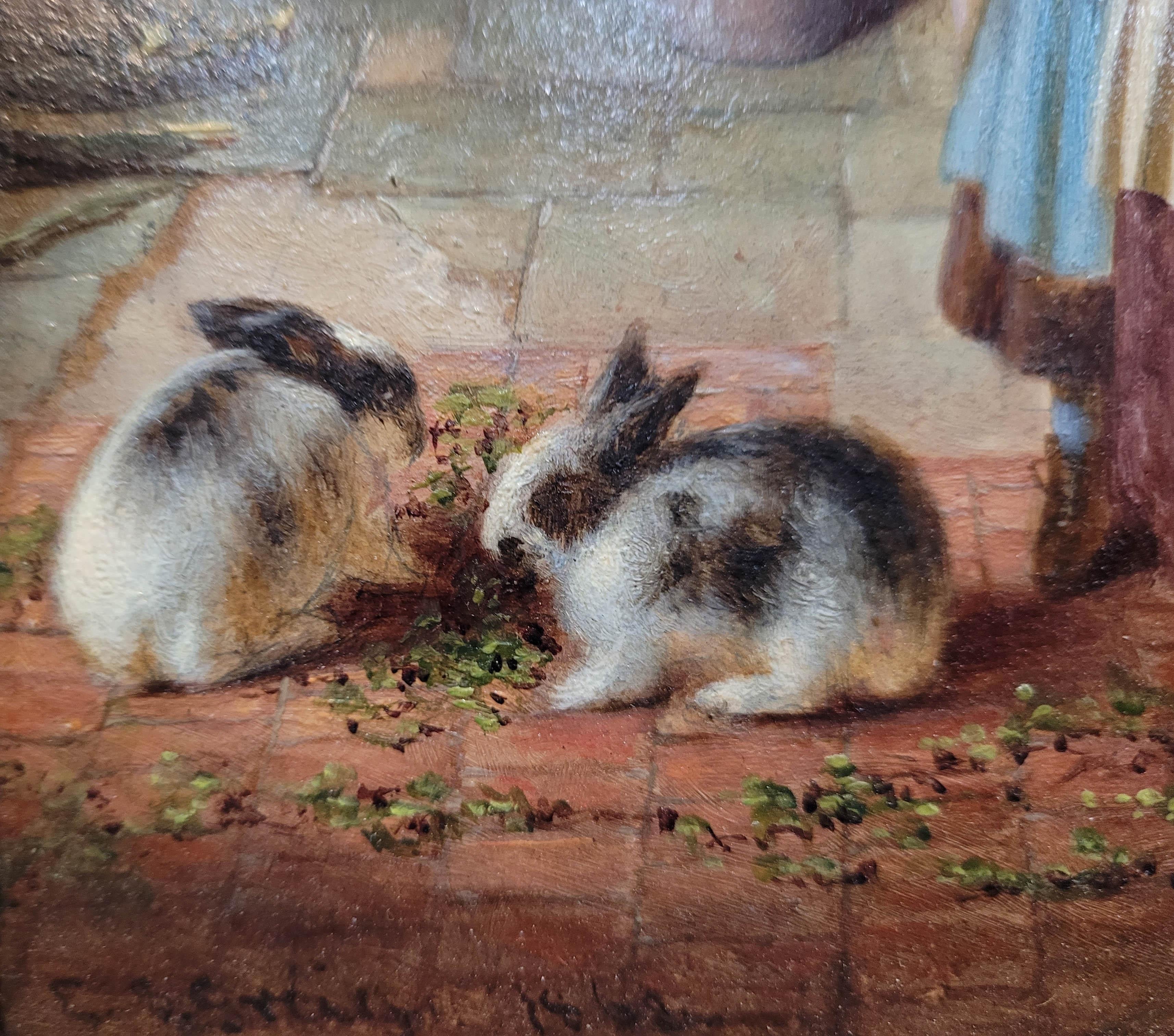 E. S. Greig de Bristol Pintura al óleo - Alimentando a los conejos, 1868 en Bueno estado para la venta en North Palm Beach, FL