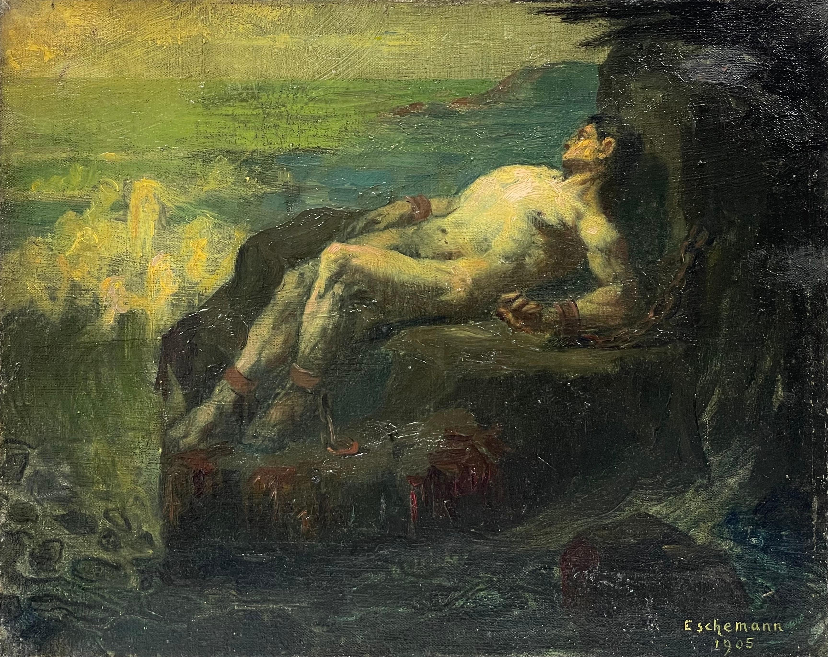 E. Schemann Landscape Painting - Antique French Symbolist Signed Oil Prometheus Chained to Rocks Naked Man by sea