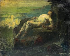 Antique French Symbolist Signed Oil Prometheus Chained to Rocks Naked Man by sea