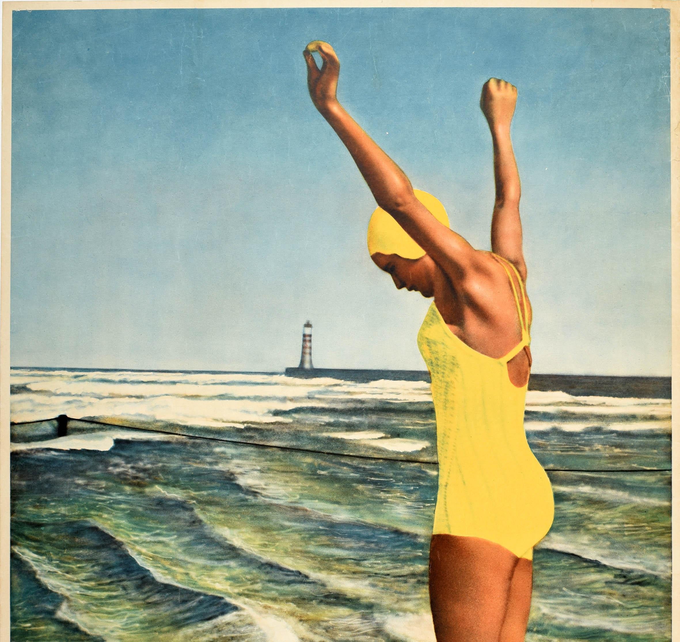 Original-Vintage-Reiseplakat Sunny Holiday On The German Coast, Design, Kunst (Beige), Print, von E. Schneider