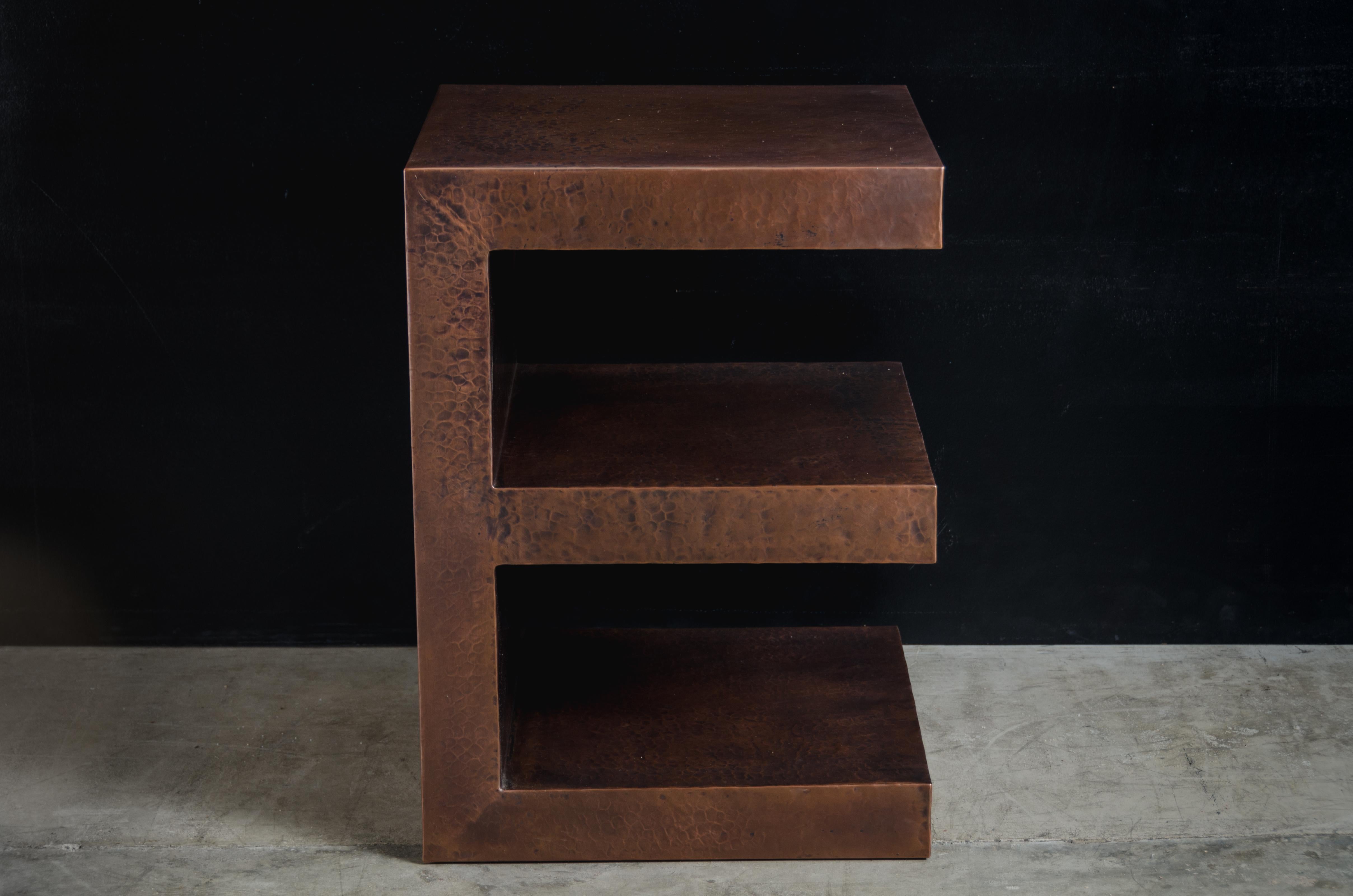 Repoussé E Side Table, Antique Copper by Robert Kuo, Hand Repousse, Limited Edition For Sale