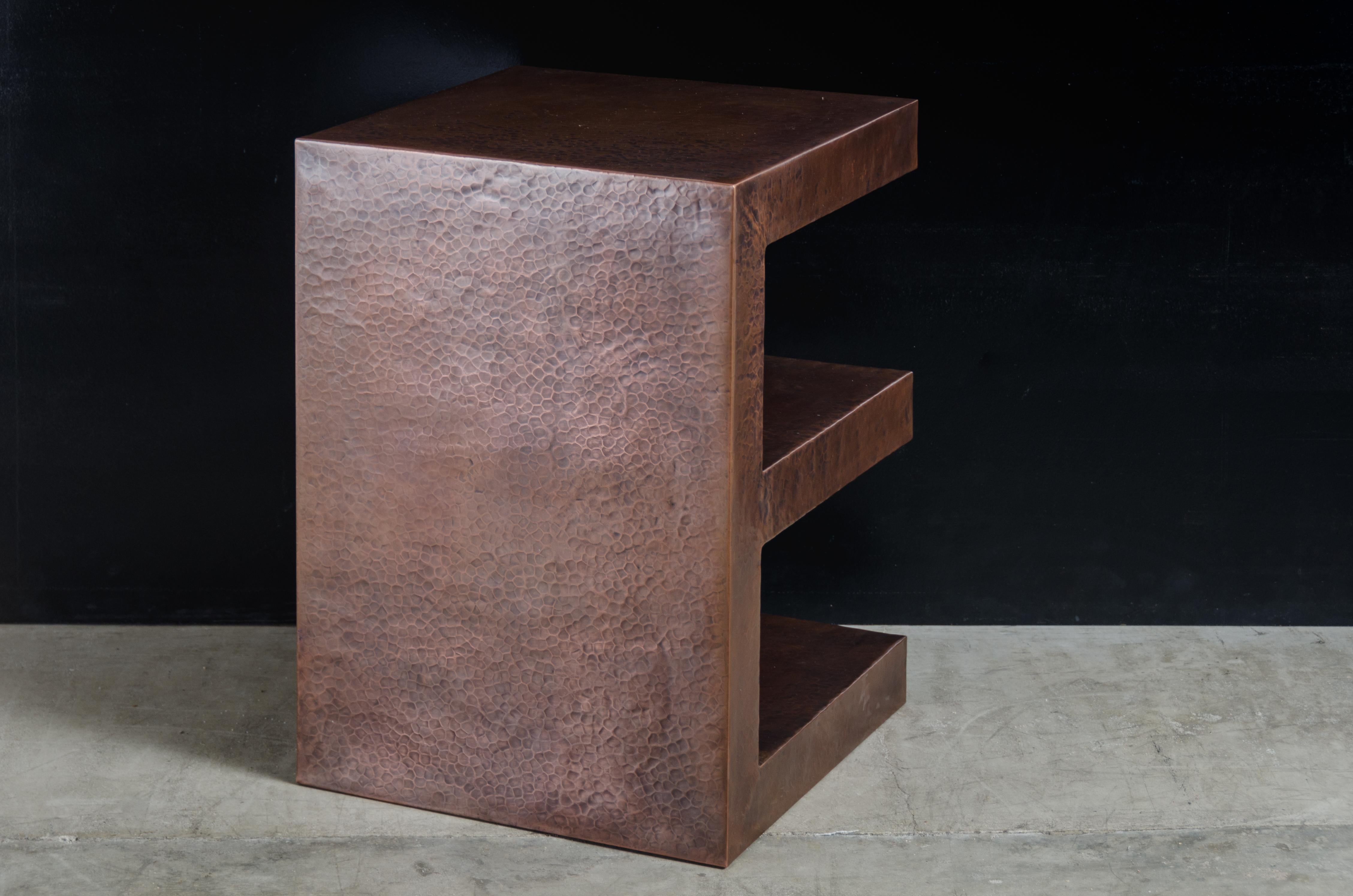 E Side Table, Antique Copper by Robert Kuo, Hand Repousse, Limited Edition In New Condition For Sale In Los Angeles, CA