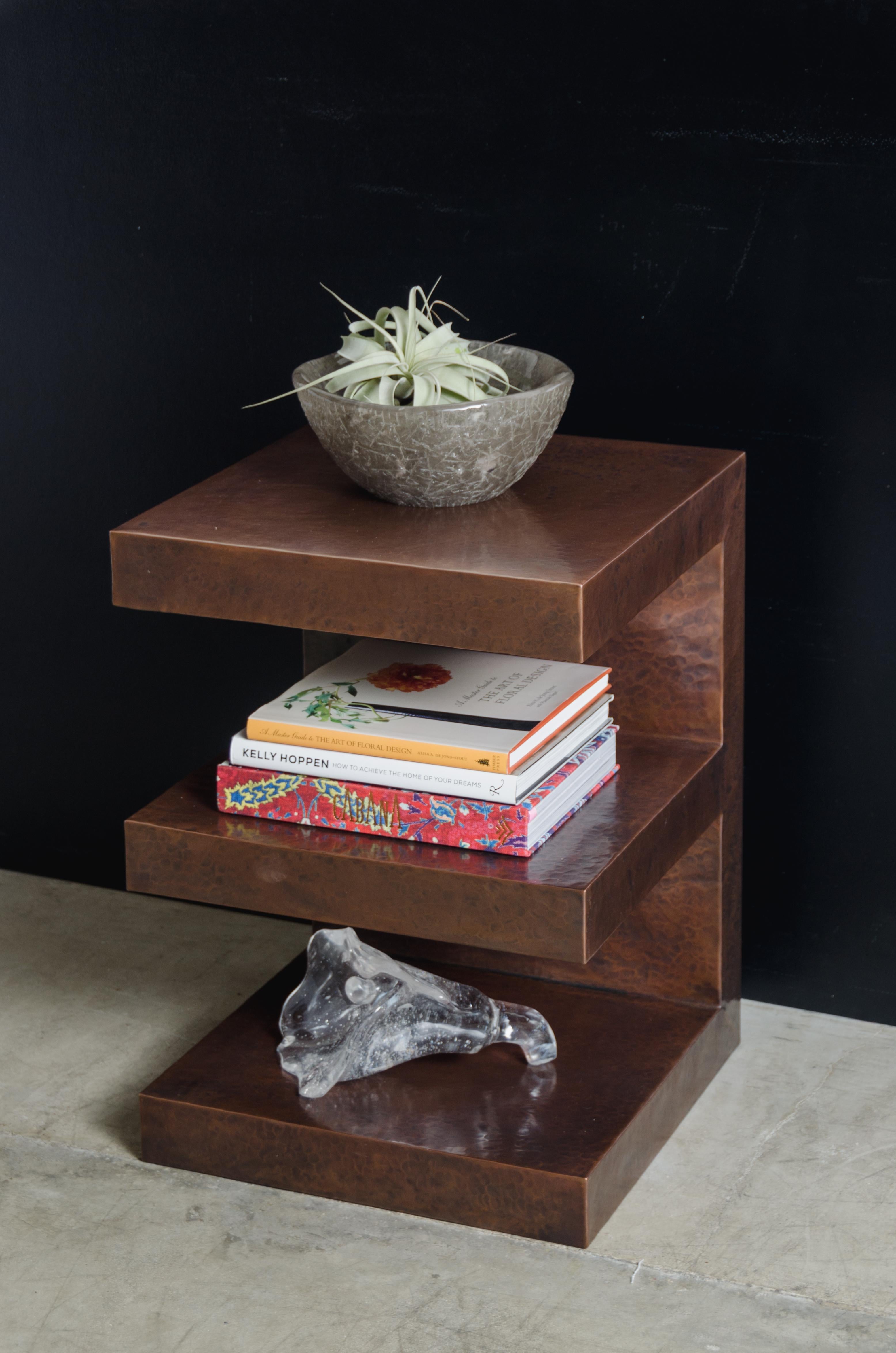 Contemporary E Side Table, Antique Copper by Robert Kuo, Hand Repousse, Limited Edition For Sale