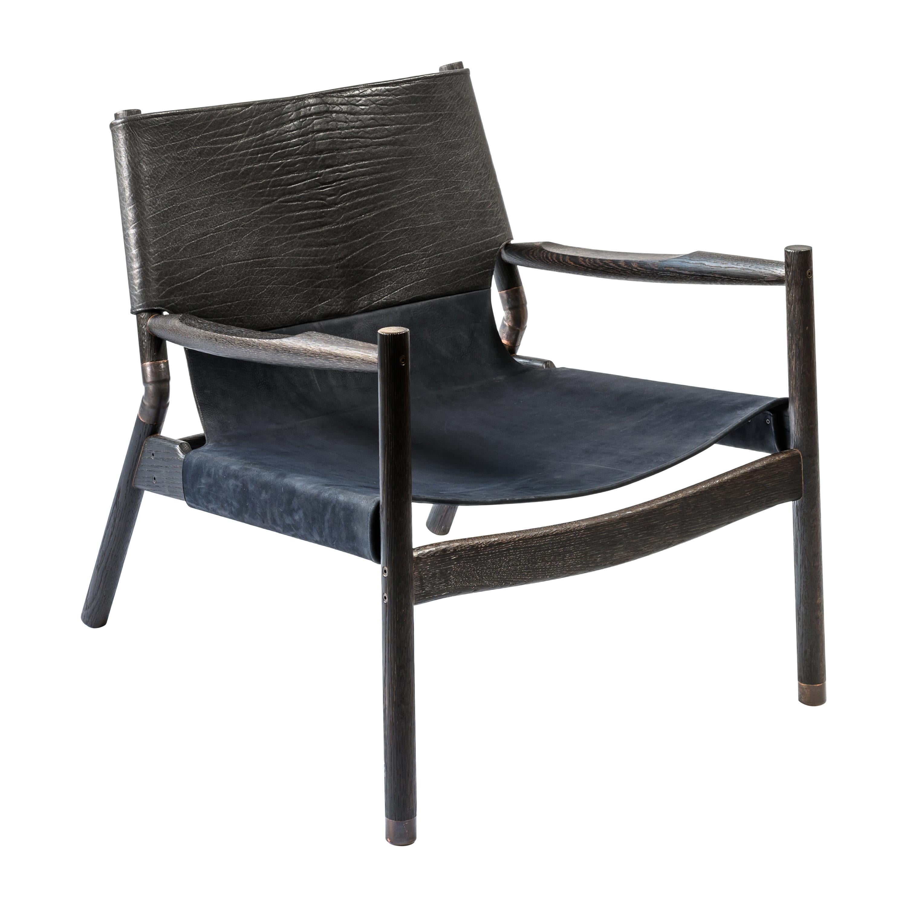 EÆ Slung Leather Lounge Chair in Bison/ Navy Nubuck Leather with Charred Oak For Sale