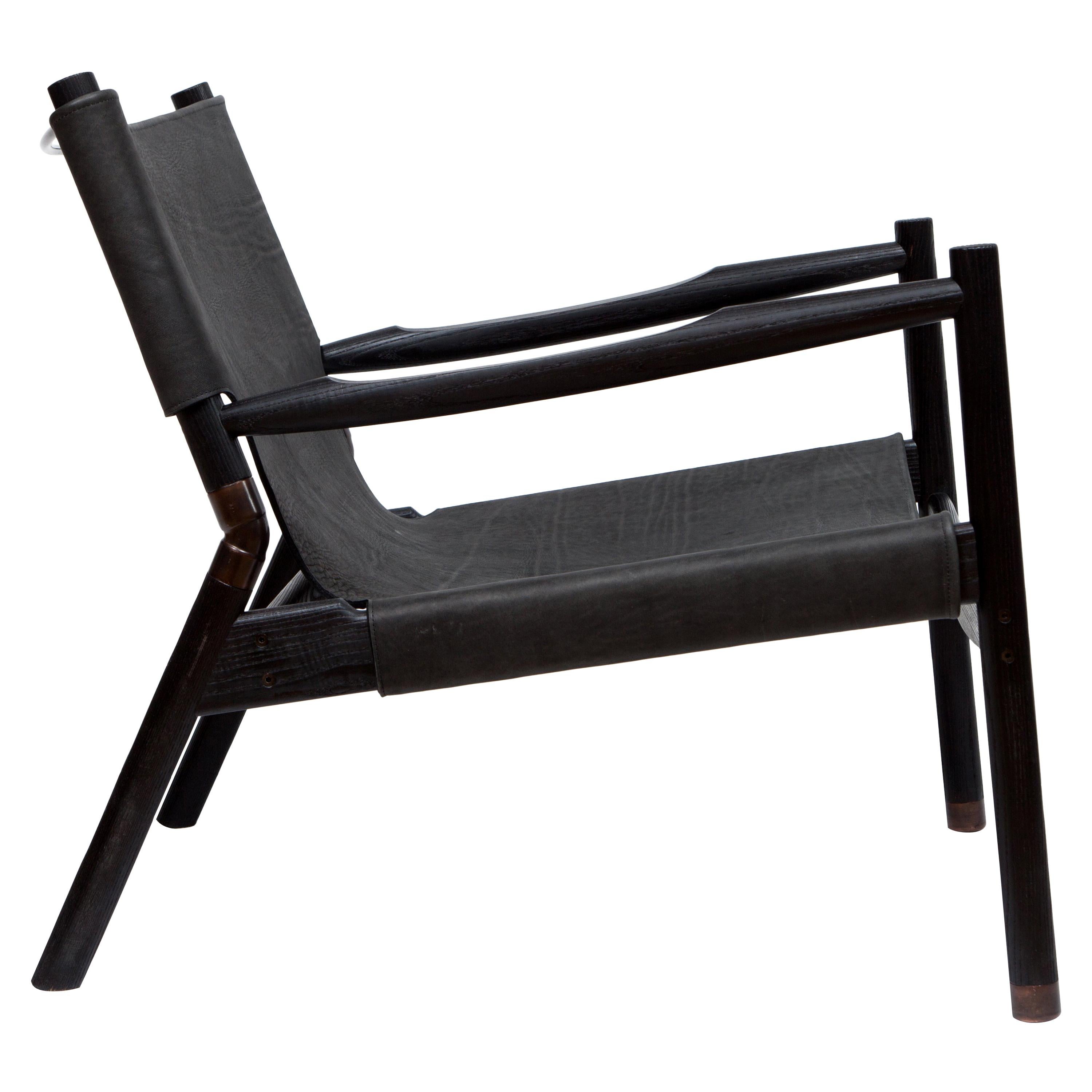 EÆ Slung Leather Lounge Chair in Charred Oak For Sale
