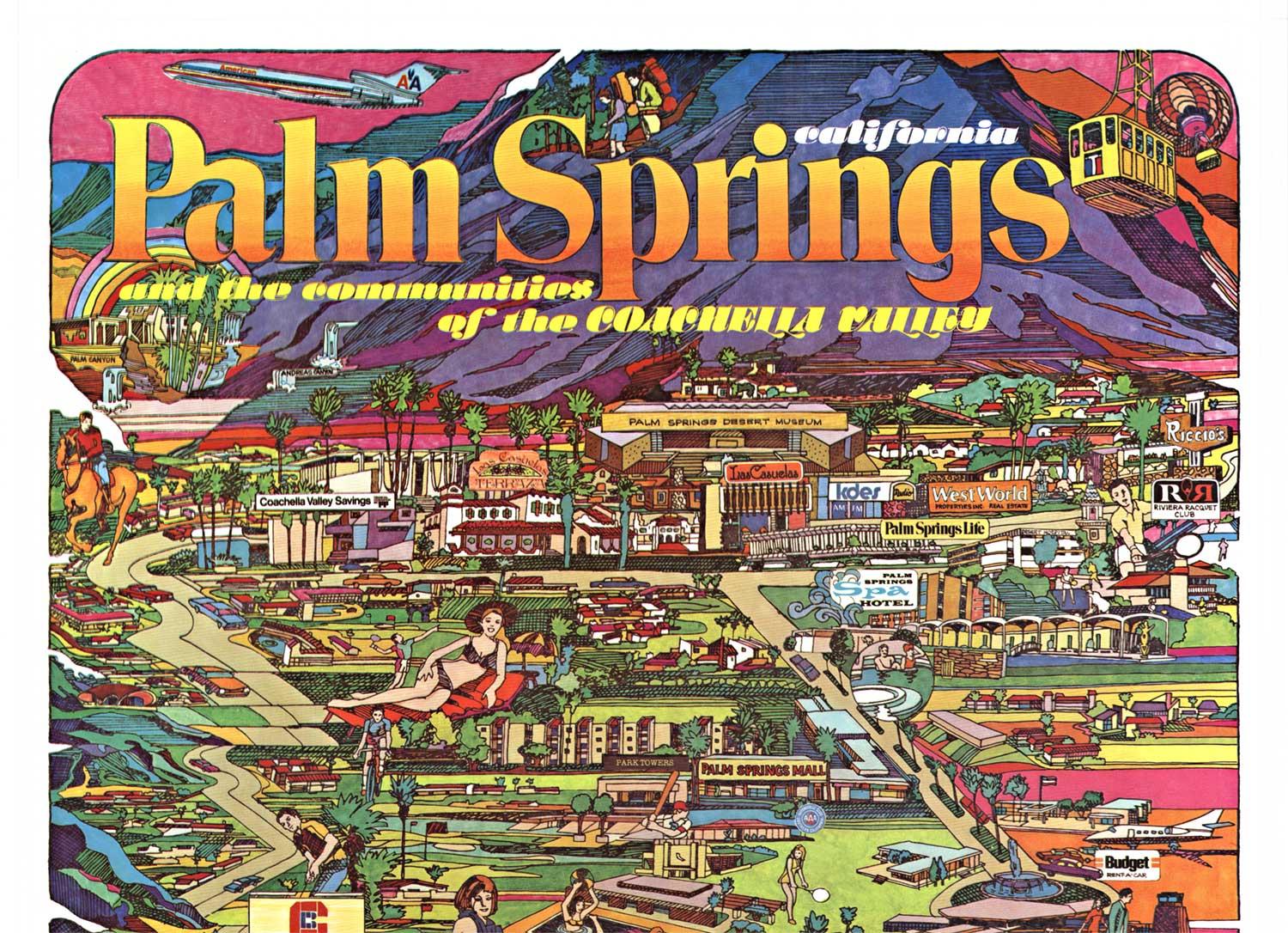 Cartel original de época de Palm Springs, California, y las comunidades del Valle de Coachella.   Un divertido mapa de imágenes de la zona de Palm Springs y de las actividades y lugares que puedes visitar.
Respaldo de lino en muy buen estado, listo