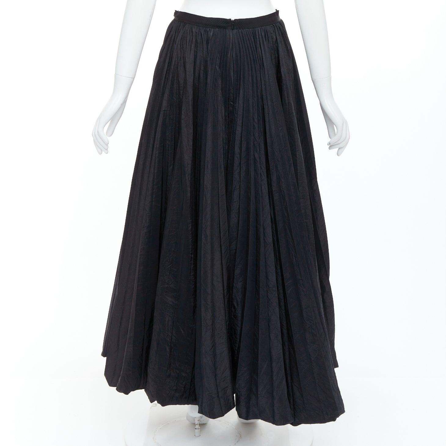 Donna E. STOTT Ellen black pleated taffeta hi low side slit midi skirt UK10 M in vendita