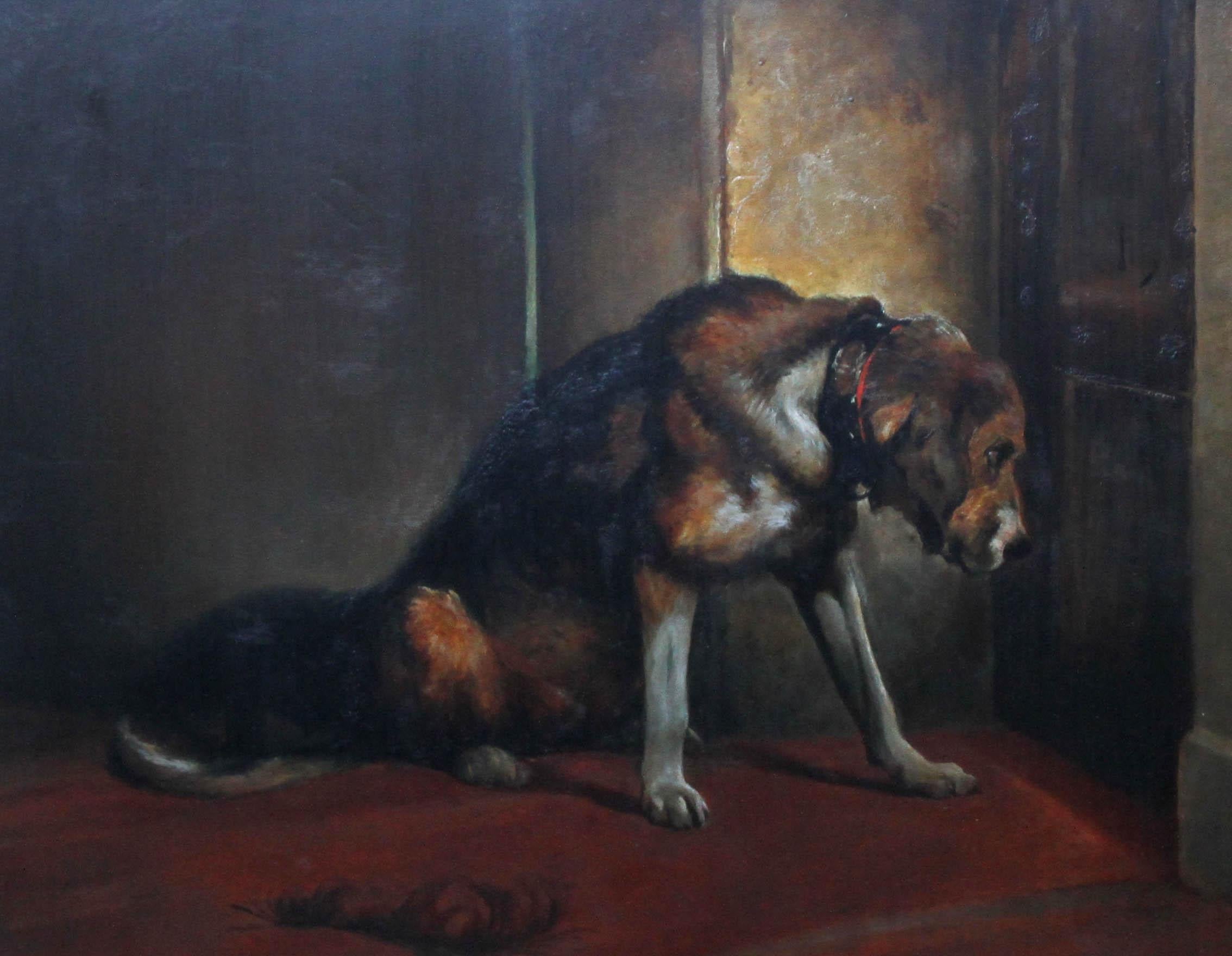 Dog Waiting Patiently  - British Victorian art loyal dog portrait oil painting - Painting by E Stott