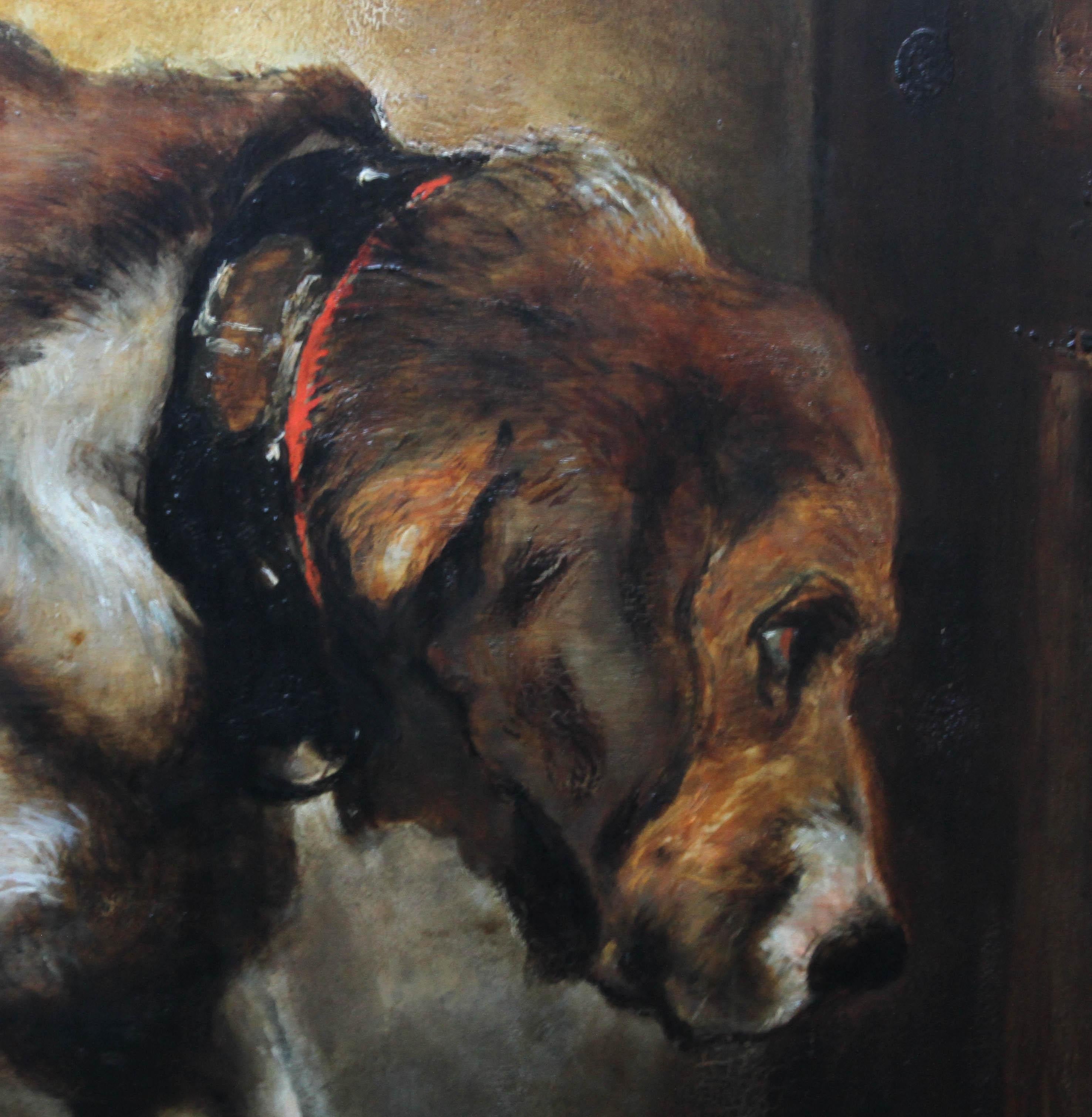 Este precioso óleo victoriano es obra del artista británico E Stott. El cuadro, pintado hacia 1880, es un retrato de un perro grande. El artista es claramente un artista canino de gran talento y un agudo observador de perros para captar la expresión