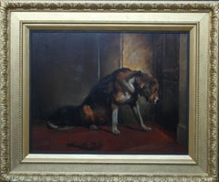 Antique Dog Waiting Patiently  - British Victorian art loyal dog portrait oil painting