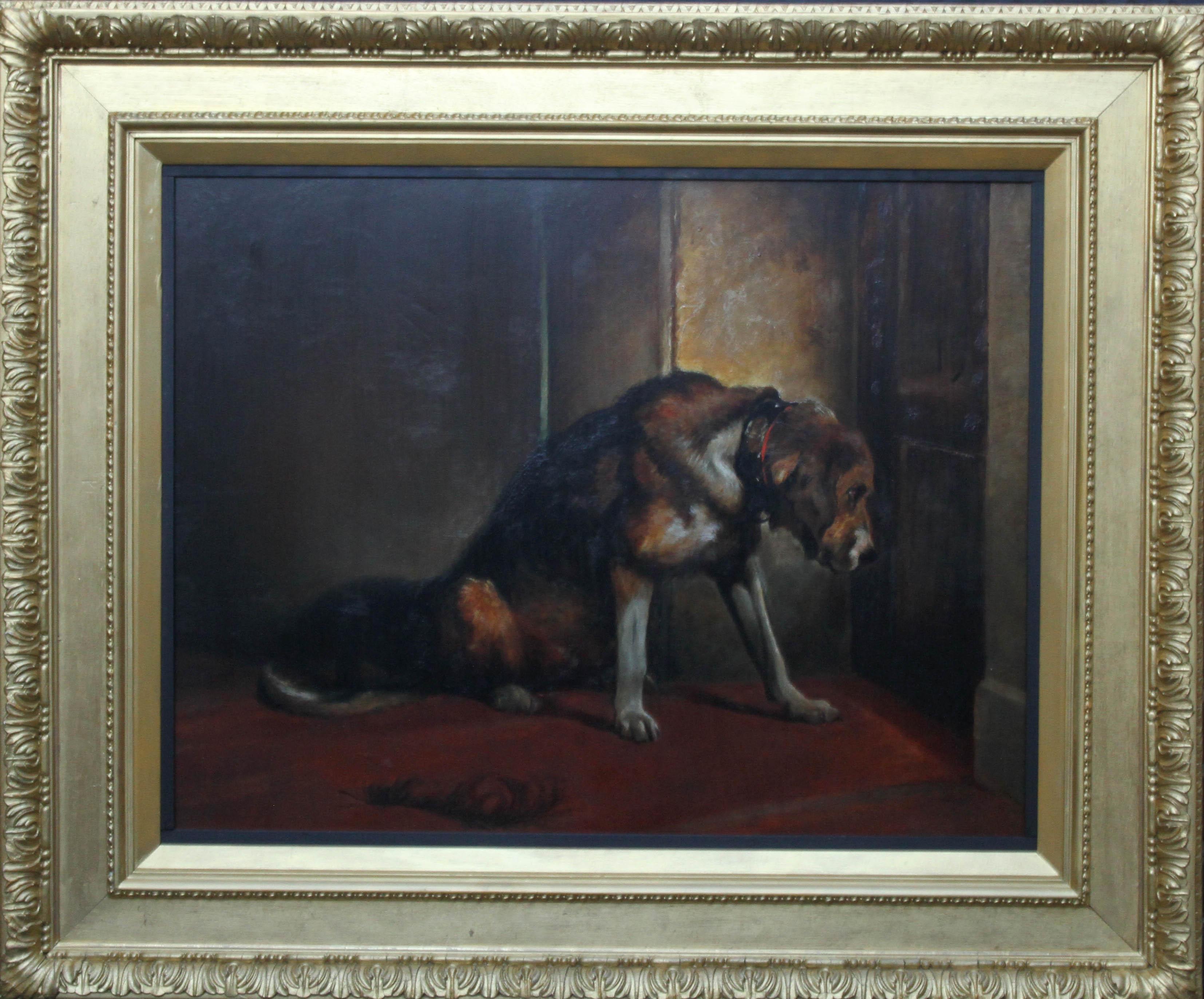 Le chien attend patiemment  - Peinture à l'huile d'un portrait de chien fidèle de l'art victorien britannique